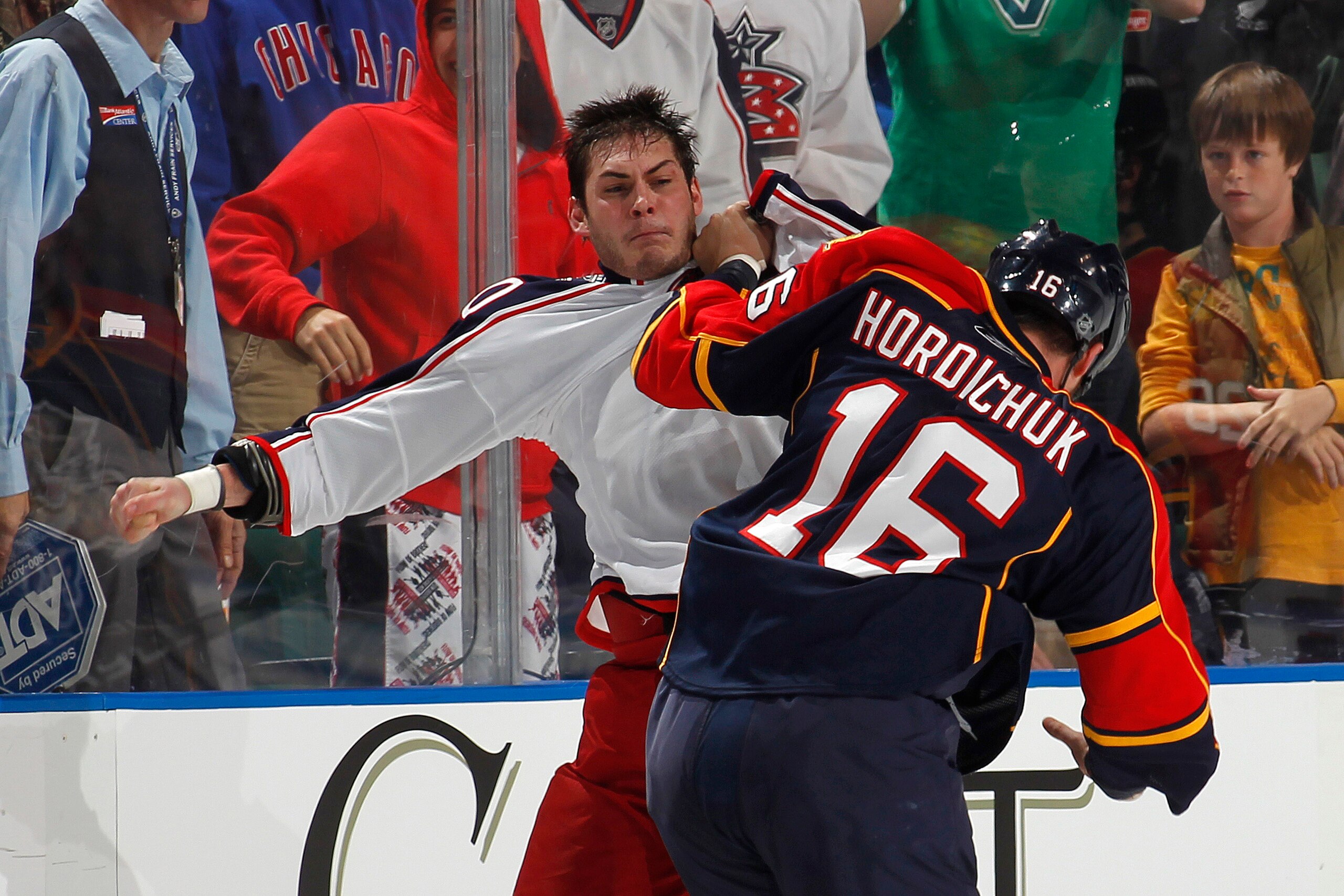 SUNRISE, FL - JANUARY 19: Darcy Hordichuk #16 of the Florida Panthers and Jared Boll #40 of the Columbus Blue Jackets fight during the second period on January 19, 2011 at the BankAtlantic Center in Sunrise, Florida. (Photo by Joel Auerbach/Getty Images)
