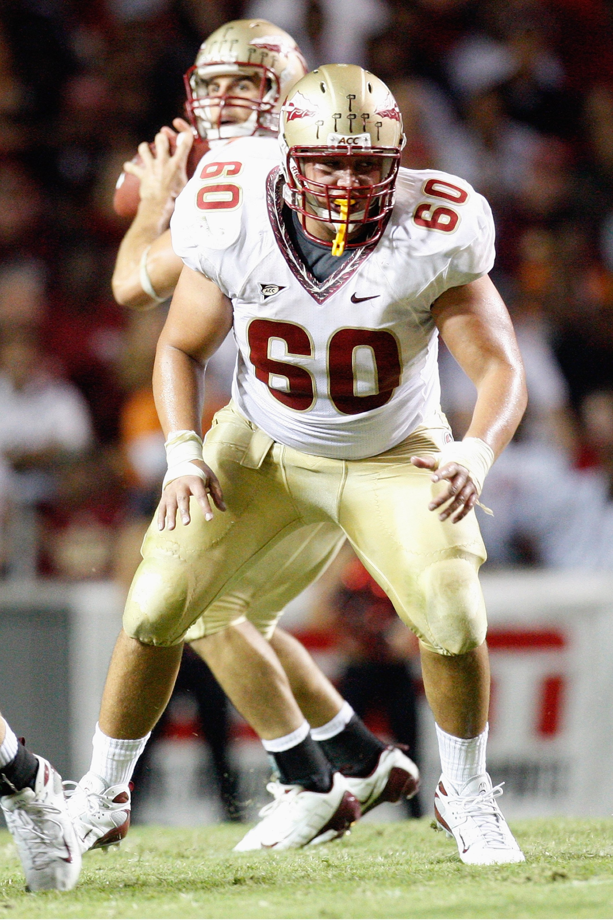 RALEIGH, NC - OCTOBER 16:  Ryan McMahon #60 of the Florida State Seminoles blocks during the game against the North Carolina State Wolfpack at Carter-Finley Stadium on October 16, 2008 in Raleigh, North Carolina.  (Photo by Kevin C. Cox/Getty Images)