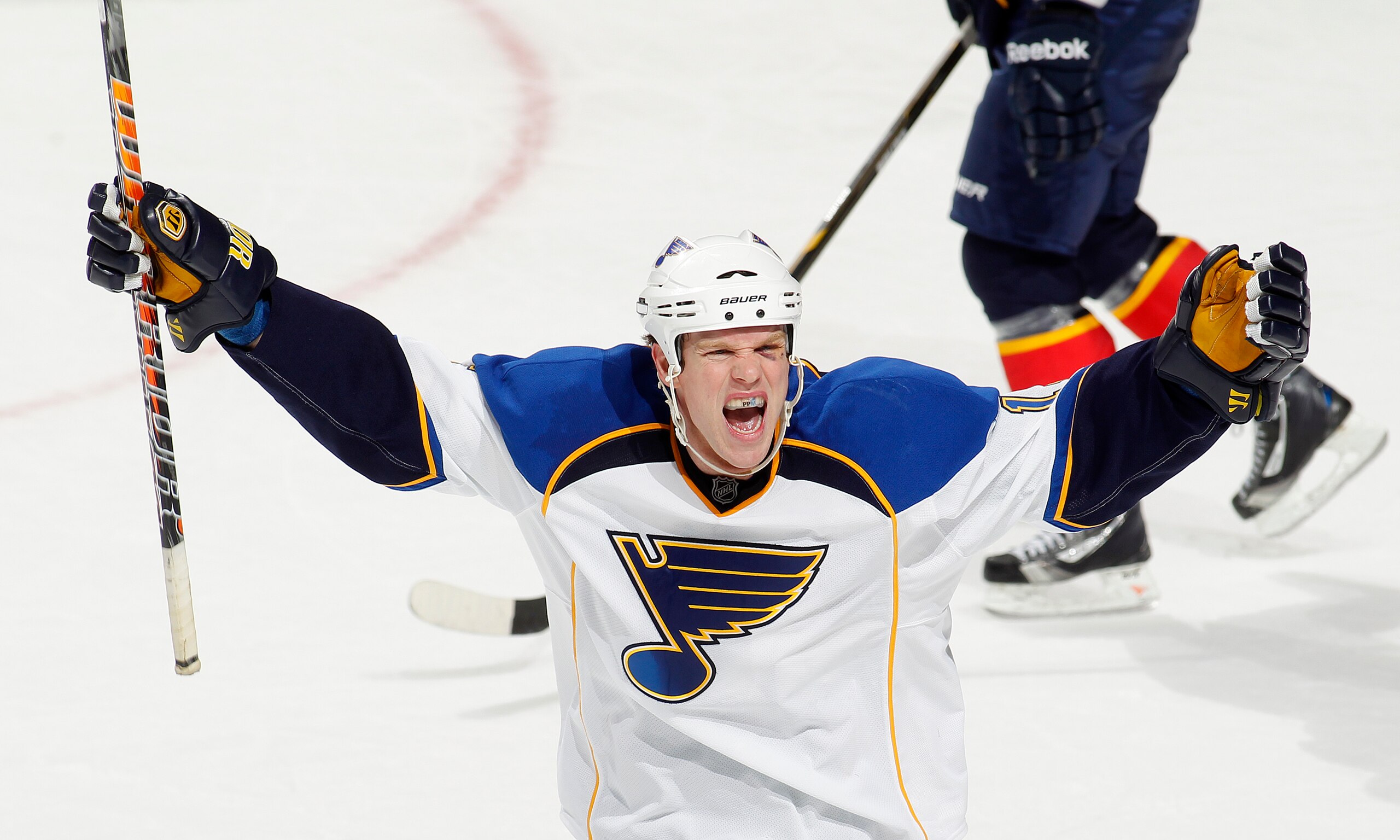 SUNRISE, FL - FEBRUARY 8: Brad Winchester #15 celebrates the goal by Matt D'Agostini #36 (not pictured) of the St Louis Blues against the Florida Panthers on February 8, 2011 at the BankAtlantic Center in Sunrise, Florida. The Blues defeated the Panthers