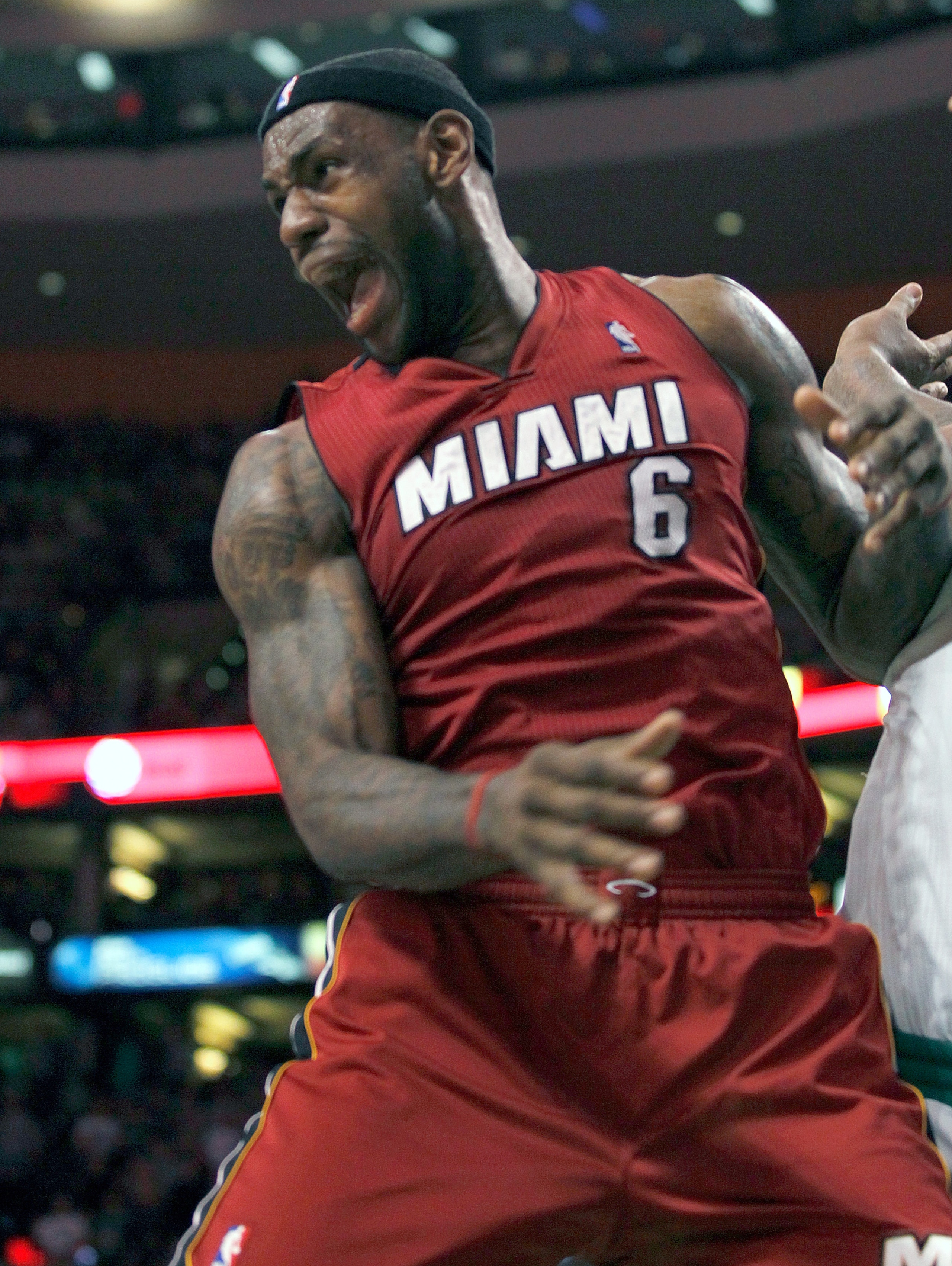 BOSTON - FEBRUARY 13:  LeBron James #6 of the Miami Heat reacts when an official failed to call a foul against the Boston Celtics at TD Garden on February 13, 2011 in Boston, Massachusetts. The Celtics won 85-82. NOTE TO USER: User expressly acknowledges