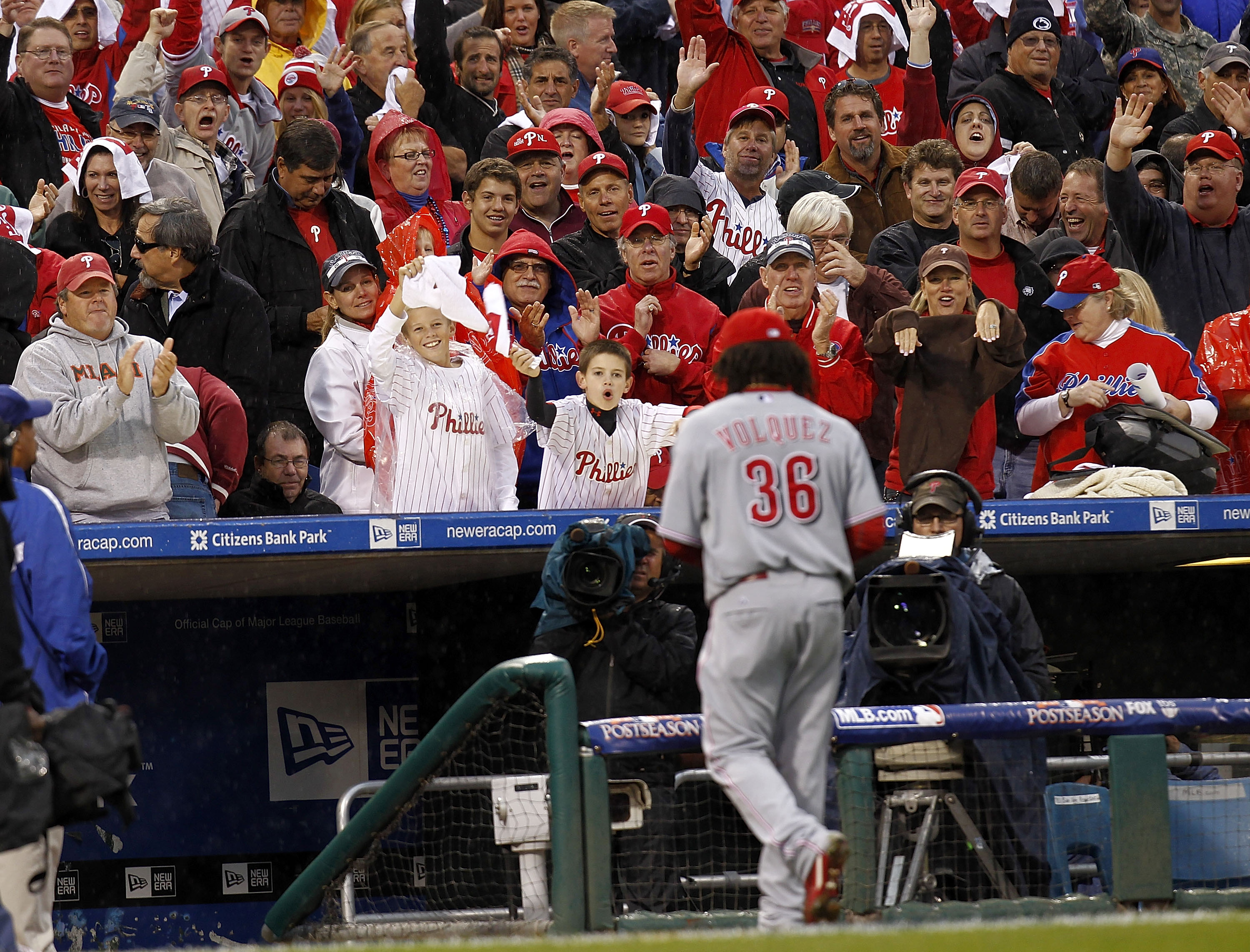 PHILADELPHIA - OCTOBER 06:  Edinson Volquez #36 of the Cincinnati Reds leaves Game 1 of the NLDS against the Philadelphia Phillies at Citizens Bank Park on October 6, 2010 in Philadelphia, Pennsylvania.  (Photo by Jeff Zelevansky/Getty Images)