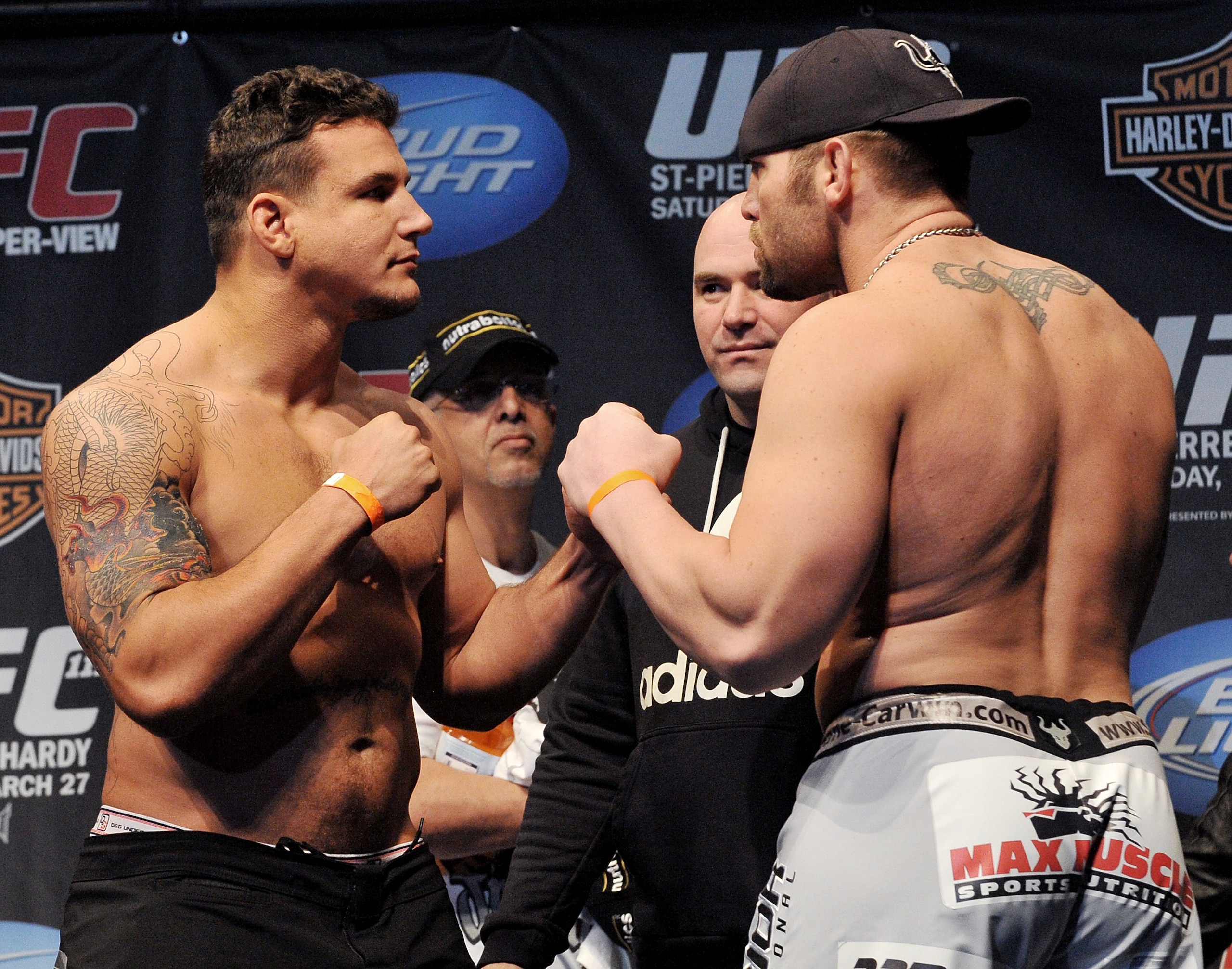 NEWARK, NJ - MARCH 26:  UFC fighter Frank Mir (L) faces off against UFC fighter Shane Carwin (R) for their Interim Championship Heavyweight fight at UFC 111: St-Pierre vs. Hardy Weigh-In on March 26, 2010 in Newark, New Jersey.  (Photo by Jon Kopaloff/Get
