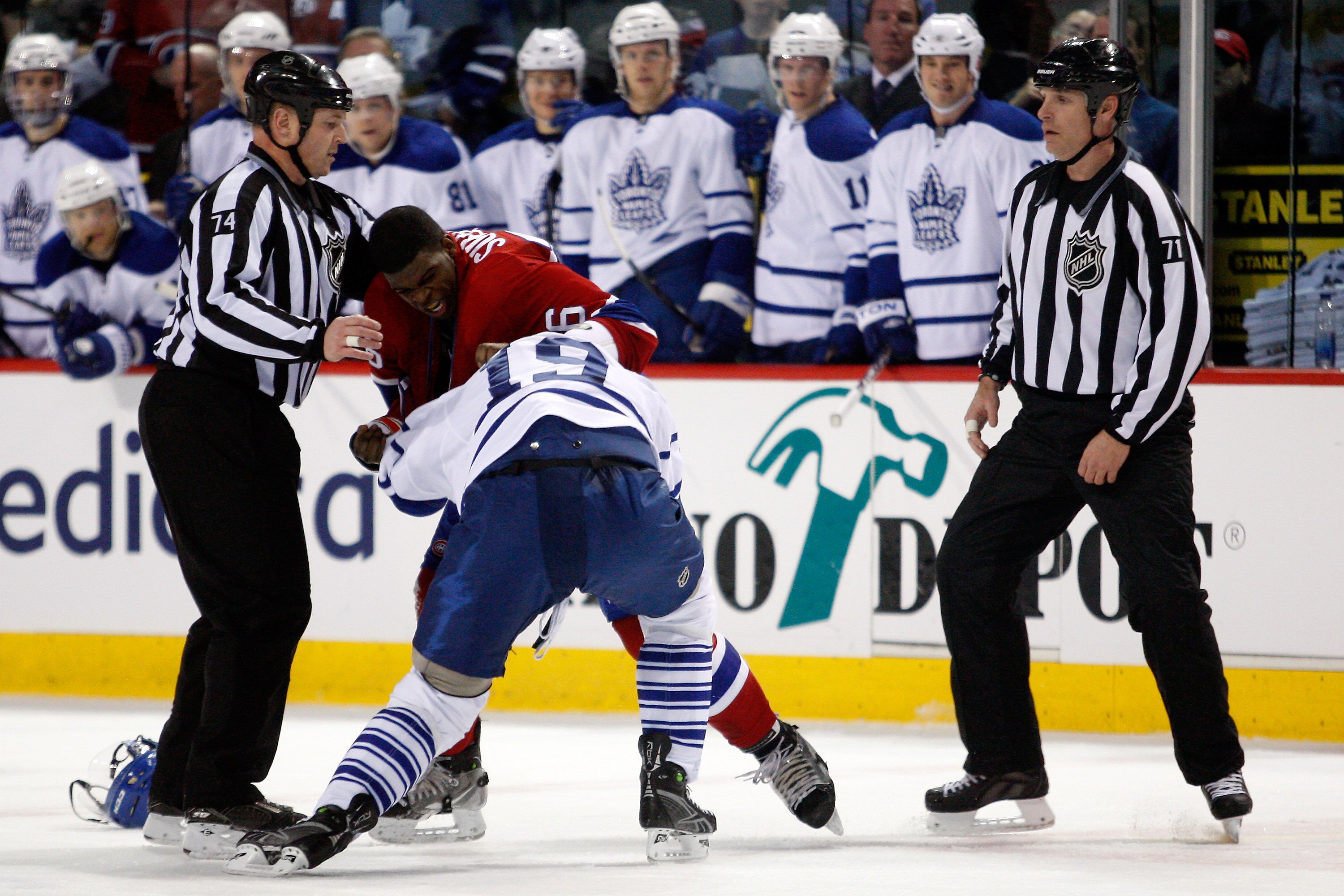 MONTREAL, CANADA - FEBRUARY 12:  P.K. Subban #76 of the Montreal Canadiens and Joffrey Lupul #19 of the Toronto Maple Leafs fight during the NHL game at the Bell Centre on February 12, 2011 in Montreal, Quebec, Canada.  (Photo by Richard Wolowicz/Getty Im