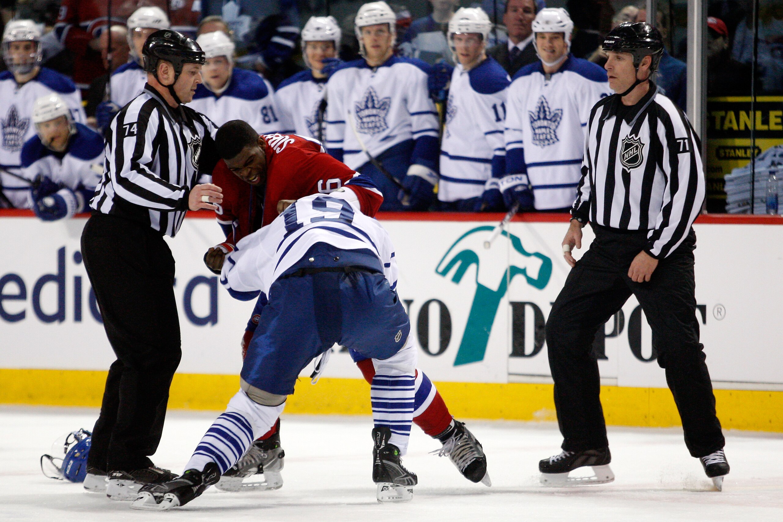 MONTREAL, CANADA - FEBRUARY 12:  P.K. Subban #76 of the Montreal Canadiens and Joffrey Lupul #19 of the Toronto Maple Leafs fight during the NHL game at the Bell Centre on February 12, 2011 in Montreal, Quebec, Canada.  (Photo by Richard Wolowicz/Getty Im