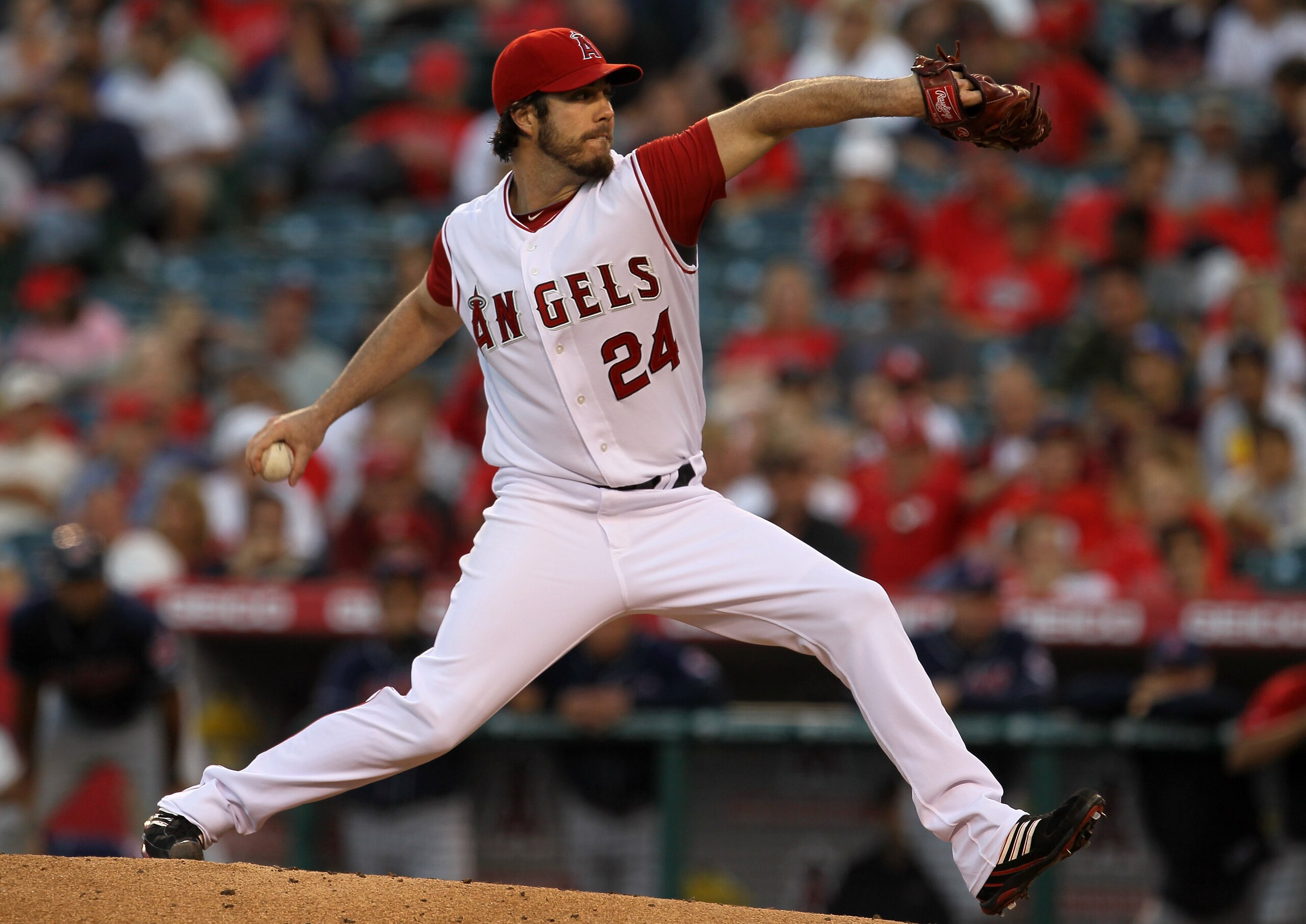 ANAHEIM, CA - SEPTEMBER 06:  Dan Haren #24 of the Los Angeles Angels of Anaheim pitches against the Cleveland Indians on September 6, 2010 at Angel Stadium in Anaheim, California.  (Photo by Stephen Dunn/Getty Images)