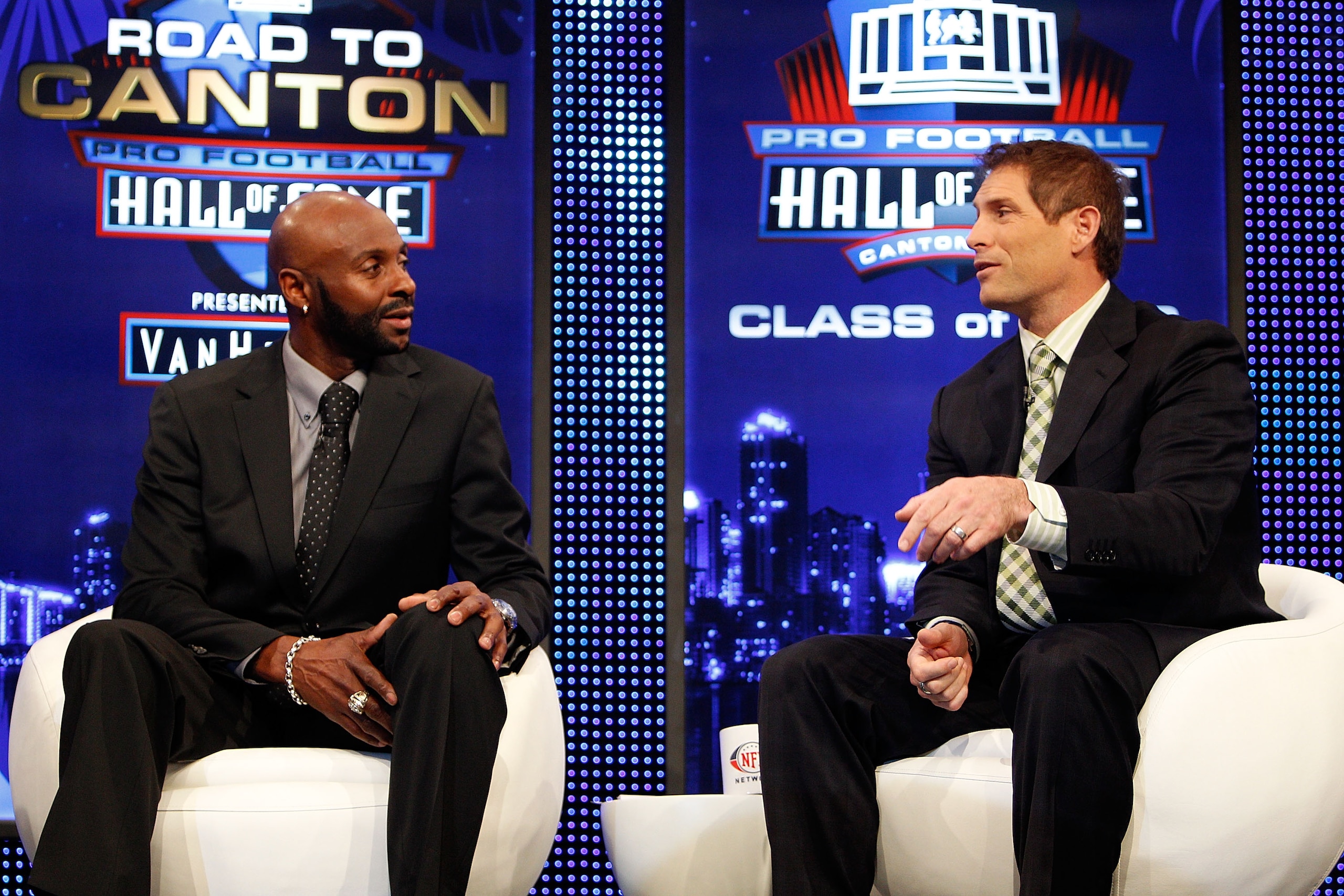 FORT LAUDERDALE, FL - FEBRUARY 06:  (L-R) Former teammates Jerry Rice and Steve Young talk on stage after Rice was announced as one of the newest enhrinees into the Hall of Fame during the Pro Football Hall of Fame Class of 2010 Press Conference held at t