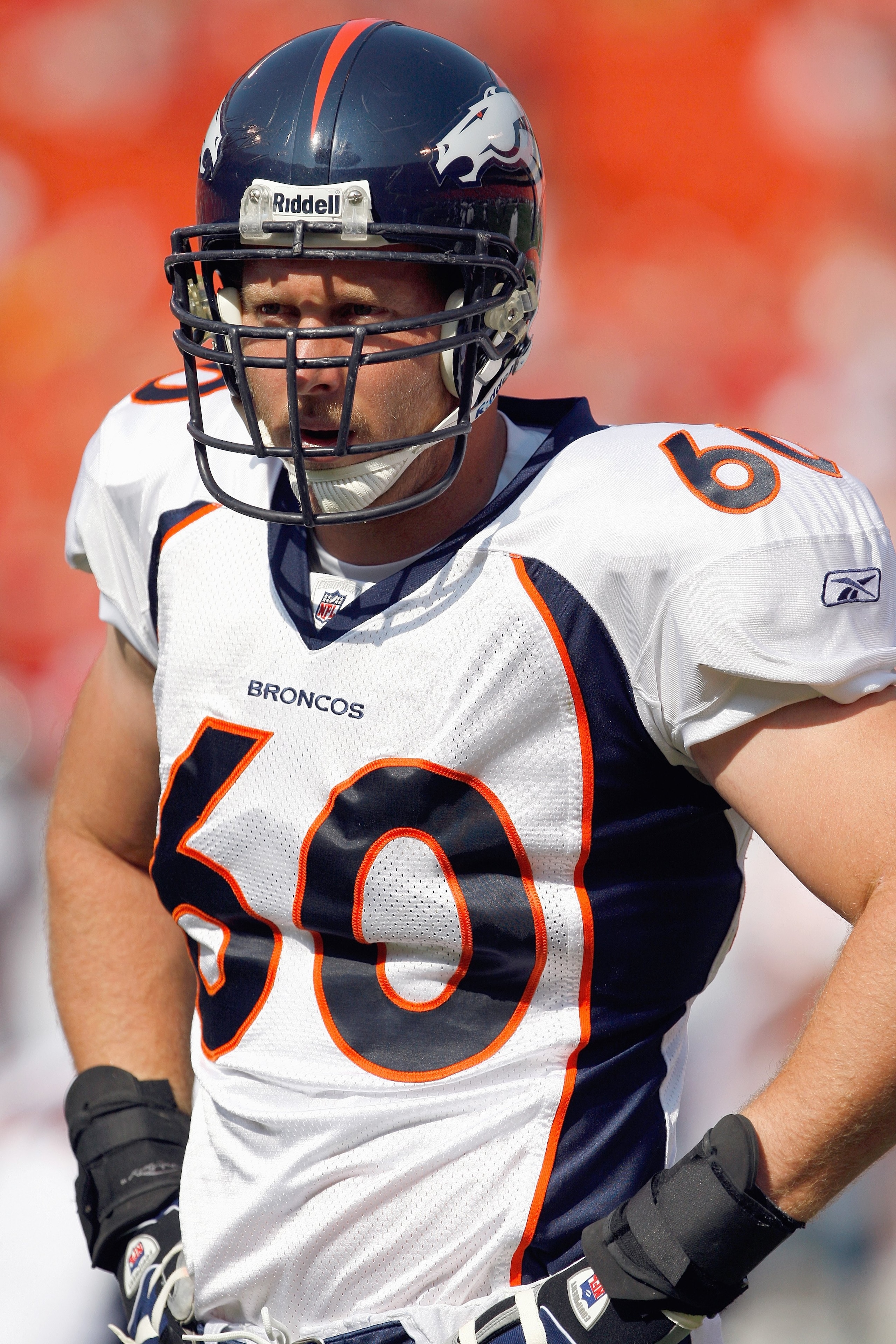 KANSAS CITY - SEPTEMBER 28:  John Engelberger #60 of the Denver Broncos stands on the field before the game against the Kansas City Chiefs on September 28, 2008 at Arrowhead Stadium in Kansas City, Missouri. The Chiefs defeated the Broncos 33-19.  (Photo