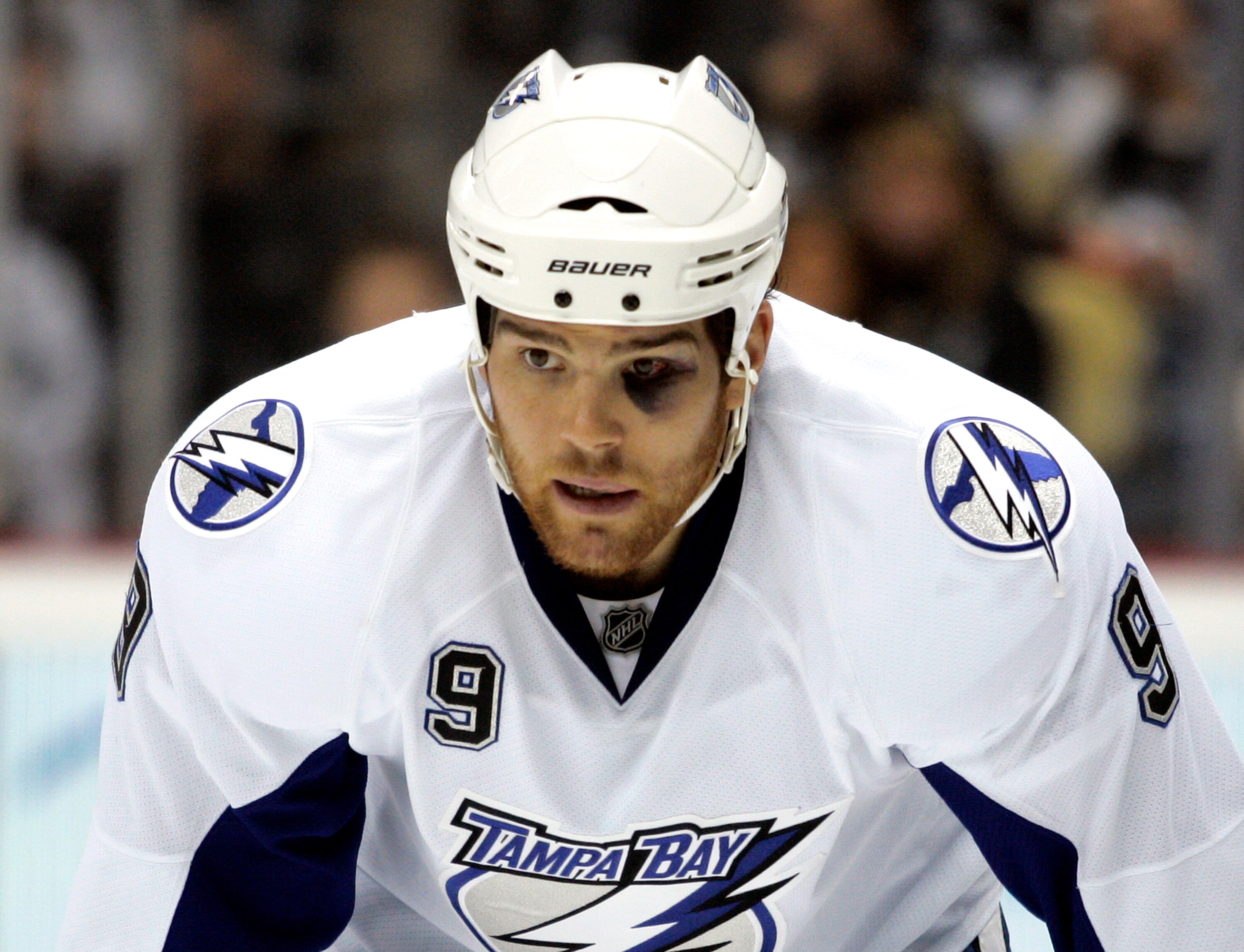 PITTSBURGH, PA - JANUARY 05:  Steve Downie #9 of the Tampa Bay Lightning sports a black eye against the Pittsburgh Penguins on January 5, 2011 at Consol Energy Center in Pittsburgh, Pennsylvania.  (Photo by Justin K. Aller/Getty Images)