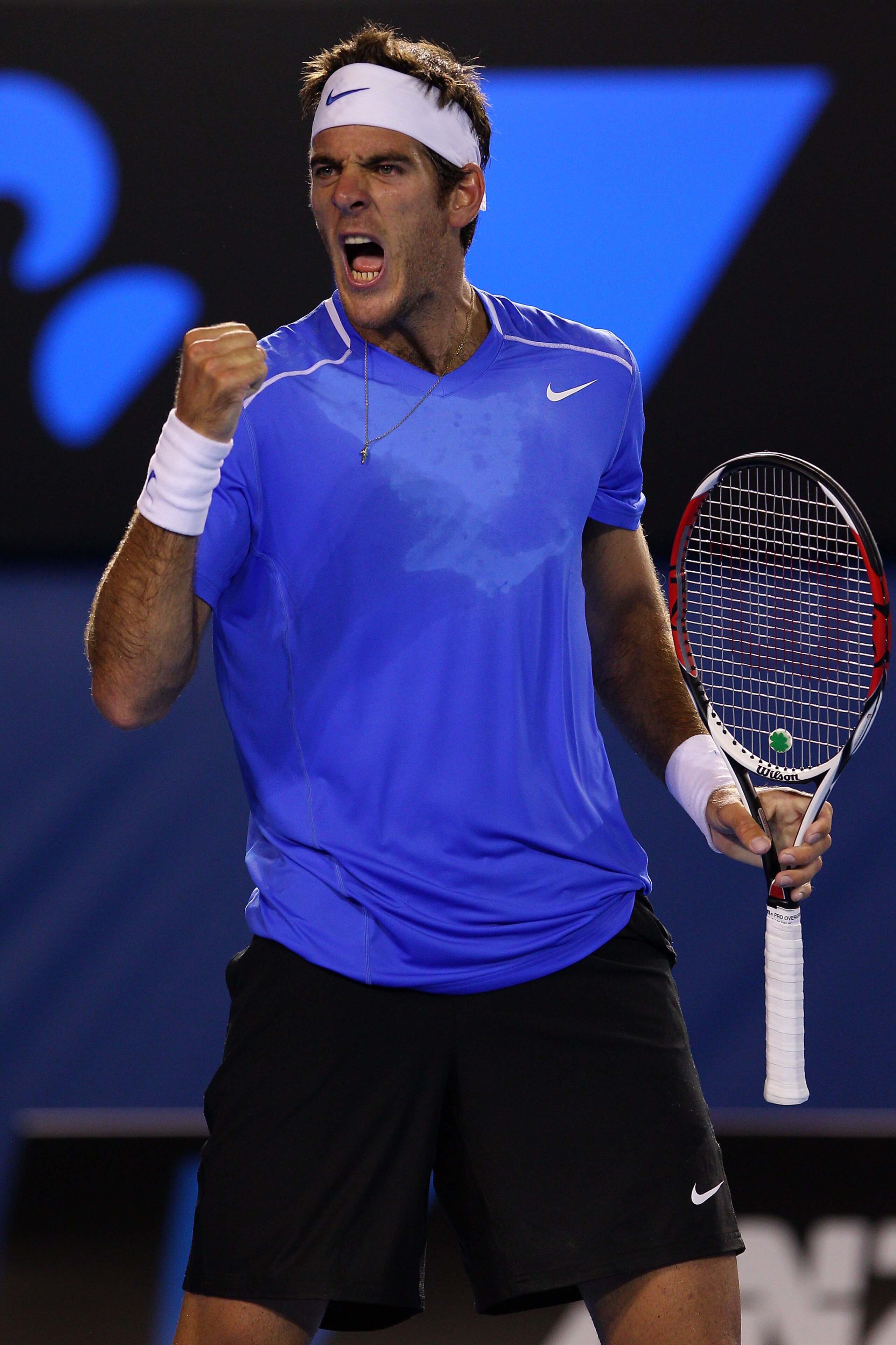 MELBOURNE, AUSTRALIA - JANUARY 20:  Juan Martin Del Potro of Argentina celebrates set point in his second round match against Marcos Baghdatis of Cyprus during day four of the 2011 Australian Open at Melbourne Park on January 20, 2011 in Melbourne, Austra