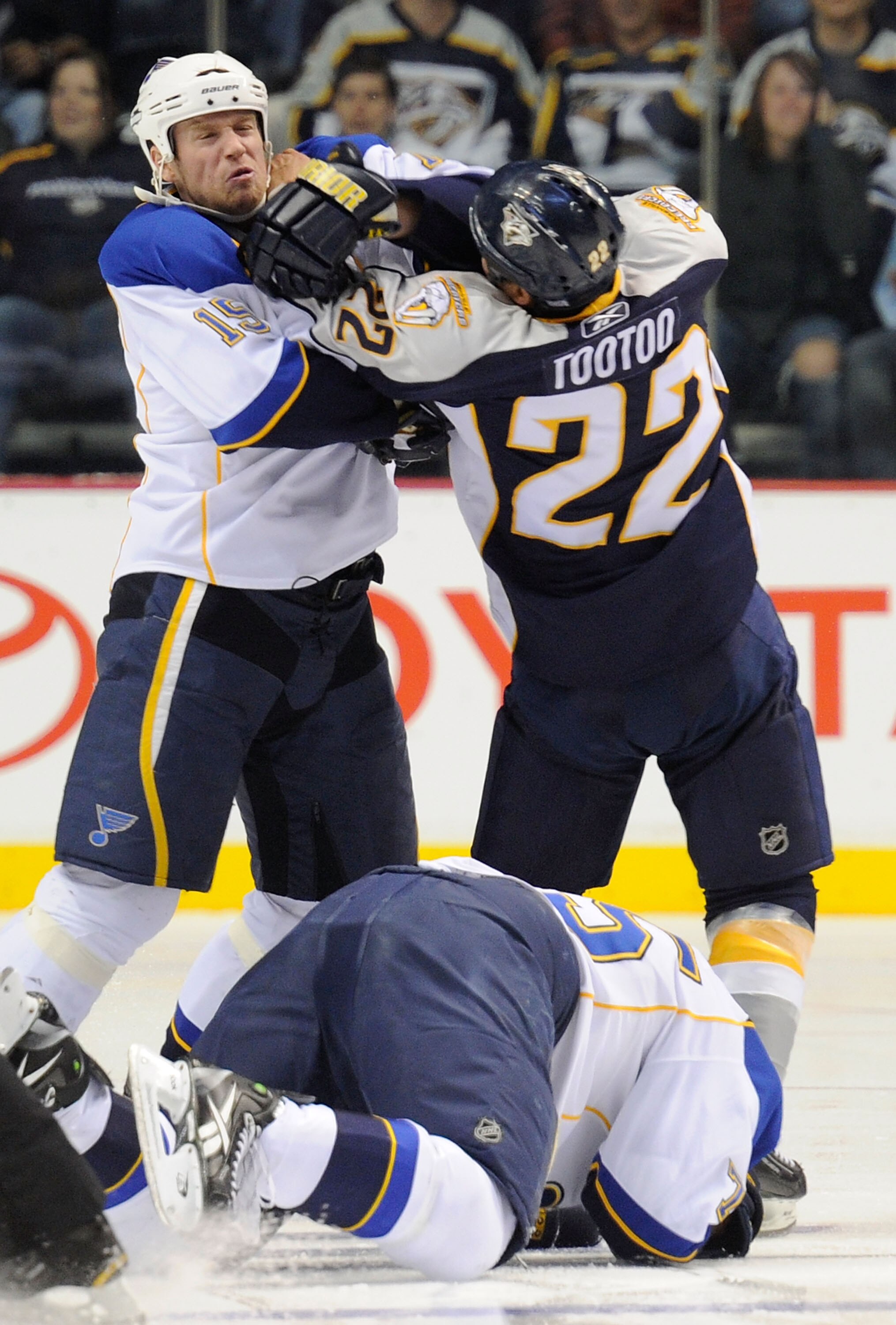 NASHVILLE, TN - OCTOBER 14:  Jordin Tootoo #22 of the Nashville Predators fights Brad Winchester #15 of the St. Louis Blues on October 14, 2010 in Nashville, Tennessee.  (Photo by Frederick Breedon/Getty Images)