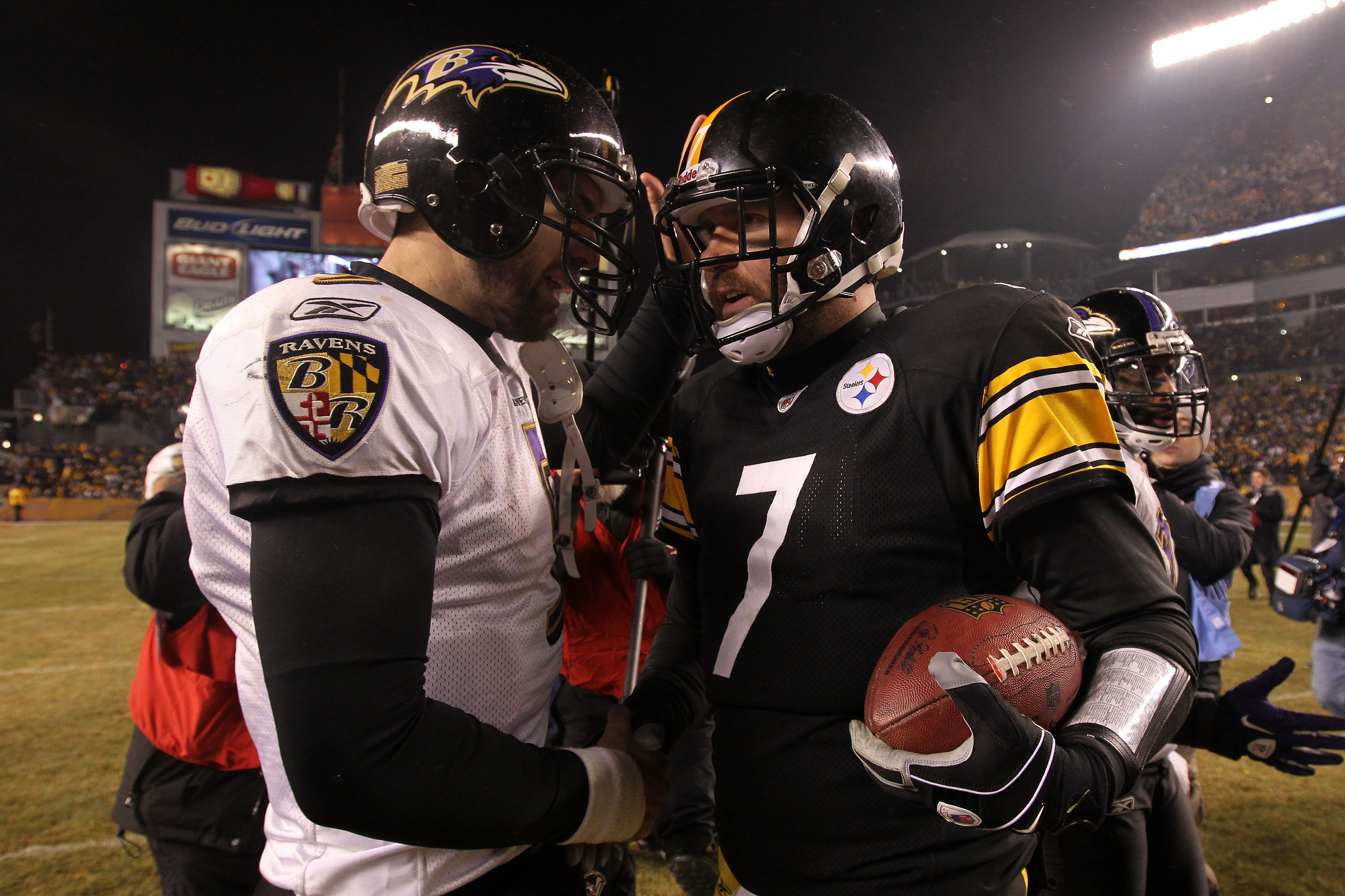 Baltimore Ravens quarterback Joe Flacco, left, and Pittsburgh