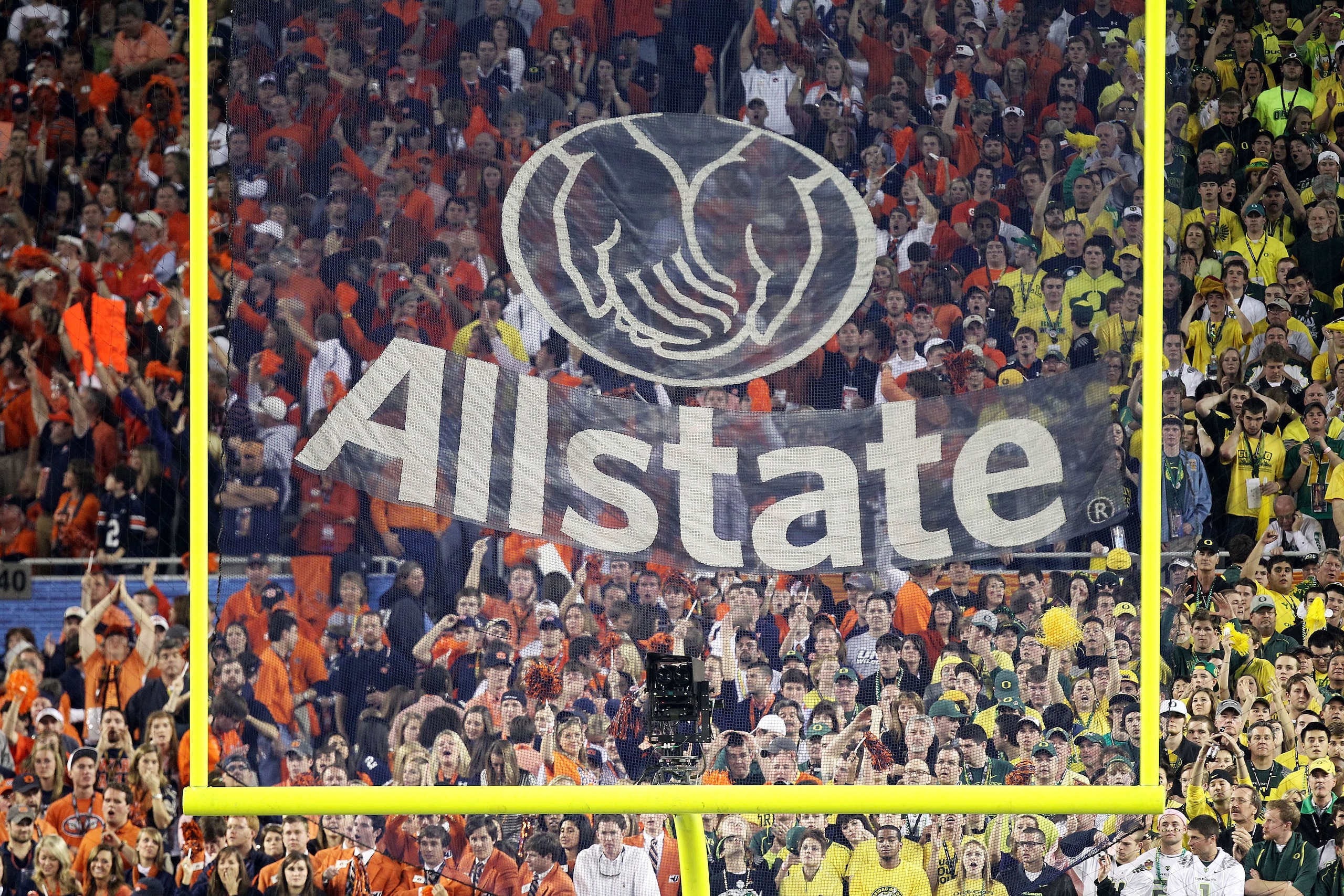 GLENDALE, AZ - JANUARY 10:  Allstate signage is displayed in the goal net before the Auburn Tigers play the Oregon Ducks during the Tostitos BCS National Championship Game at University of Phoenix Stadium on January 10, 2011 in Glendale, Arizona.  (Photo