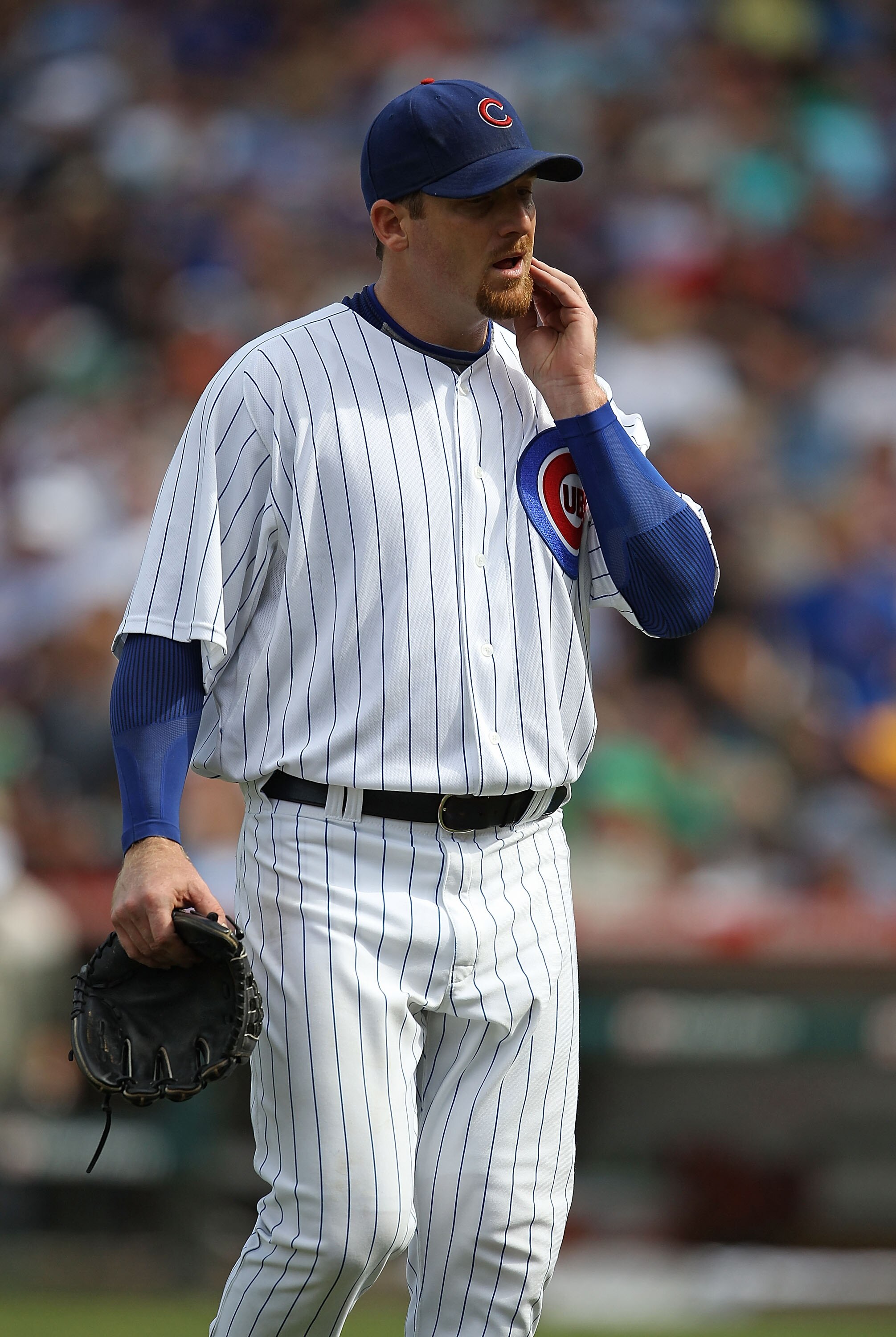 CHICAGO - SEPTEMBER 05: Starting pitcher Ryan Dempster #46 of the Chicago Cubs leaves a game against the New York Mets at Wrigley Field on September 5, 2010 in Chicago, Illinois. The Mets defeated the Cubs 18-5. (Photo by Jonathan Daniel/Getty Images)