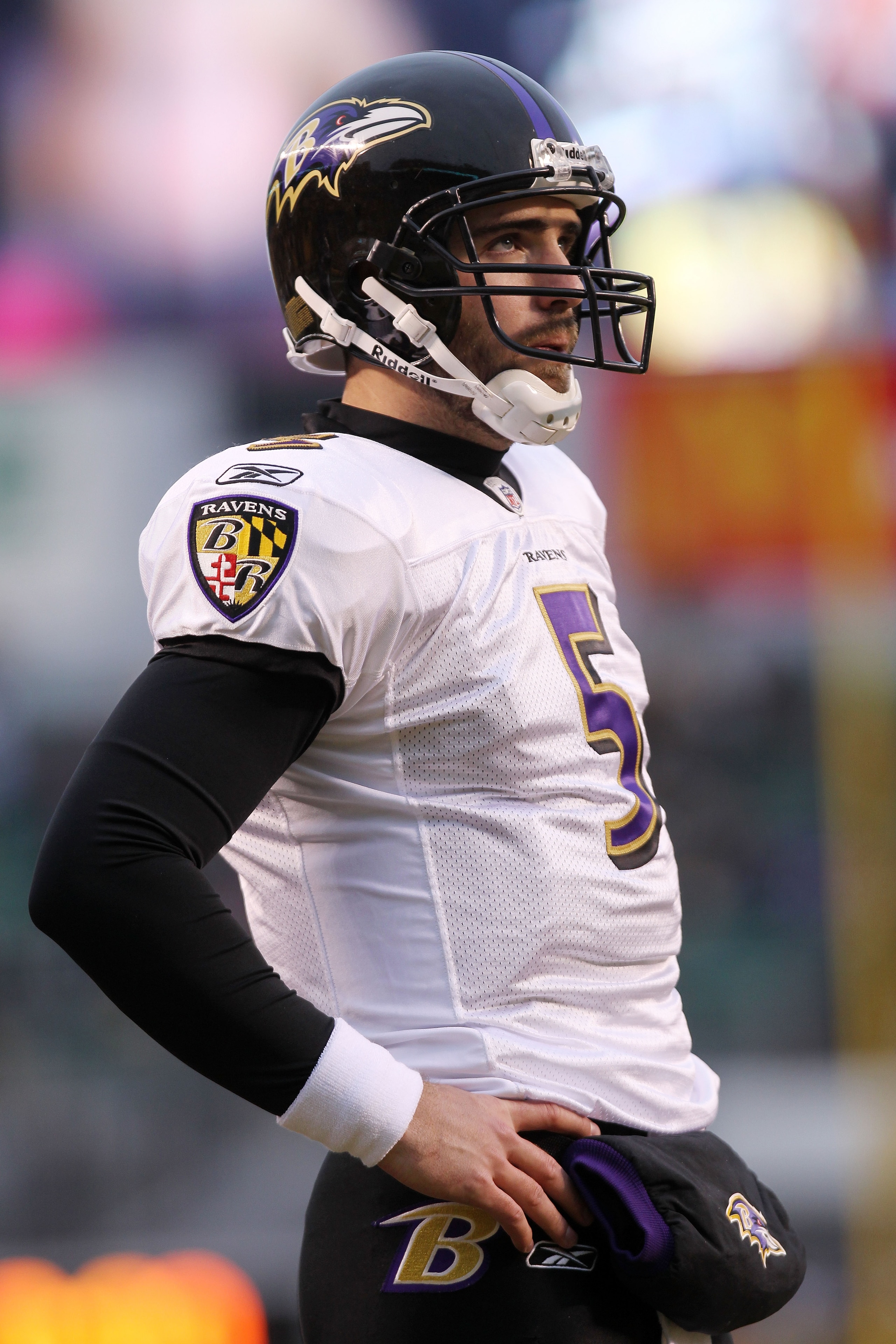 PITTSBURGH, PA - JANUARY 15:  Quarterback Joe Flacco #5 of the Baltimore Ravens stands on the field during warm ups prior to playing the Pittsburgh Steelers in the AFC Divisional Playoff Game at Heinz Field on January 15, 2011 in Pittsburgh, Pennsylvania.