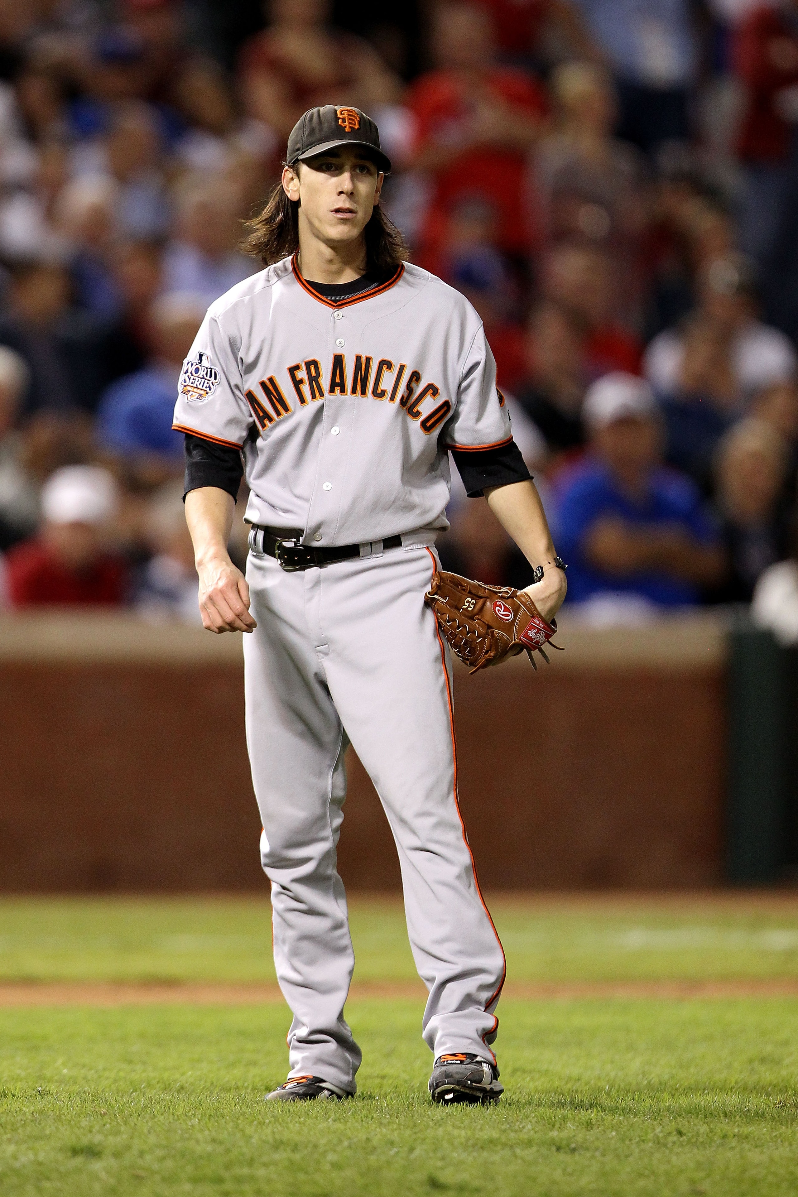 ARLINGTON, TX - NOVEMBER 01: Tim Lincecum #55 of the San Francisco Giants looks on against the Texas Rangers in Game Five of the 2010 MLB World Series at Rangers Ballpark in Arlington on November 1, 2010 in Arlington, Texas. The Giants won 3-1. (Photo by ARLINGTON, TX - NOVEMBER 01: Tim Lincecum #55 of the San Francisco Giants looks on against the Texas Rangers in Game Five of the 2010 MLB World Series at Rangers Ballpark in Arlington on November 1, 2010 in Arlington, Texas. The Giants won 3-1. (Photo by