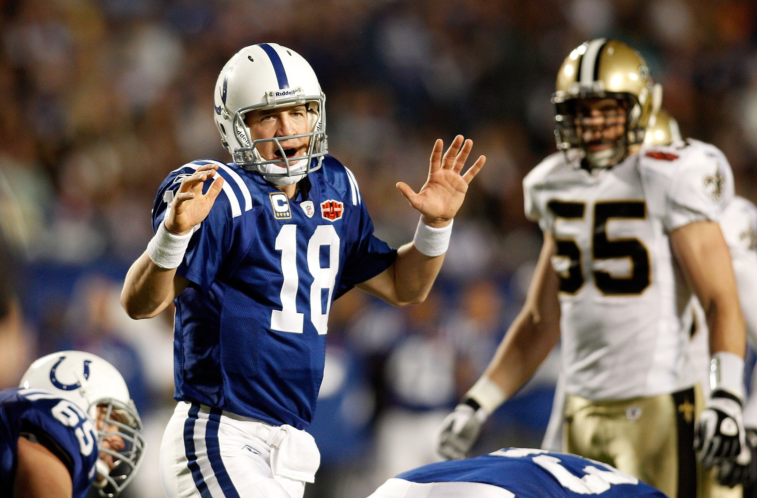 MIAMI GARDENS, FL - FEBRUARY 07:  Quarterback Peyton Manning #18 of the Indianapolis Colts calls a play against the New Orleans Saints during Super Bowl XLIV on February 7, 2010 at Sun Life Stadium in Miami Gardens, Florida.  (Photo by Chris Graythen/Gett