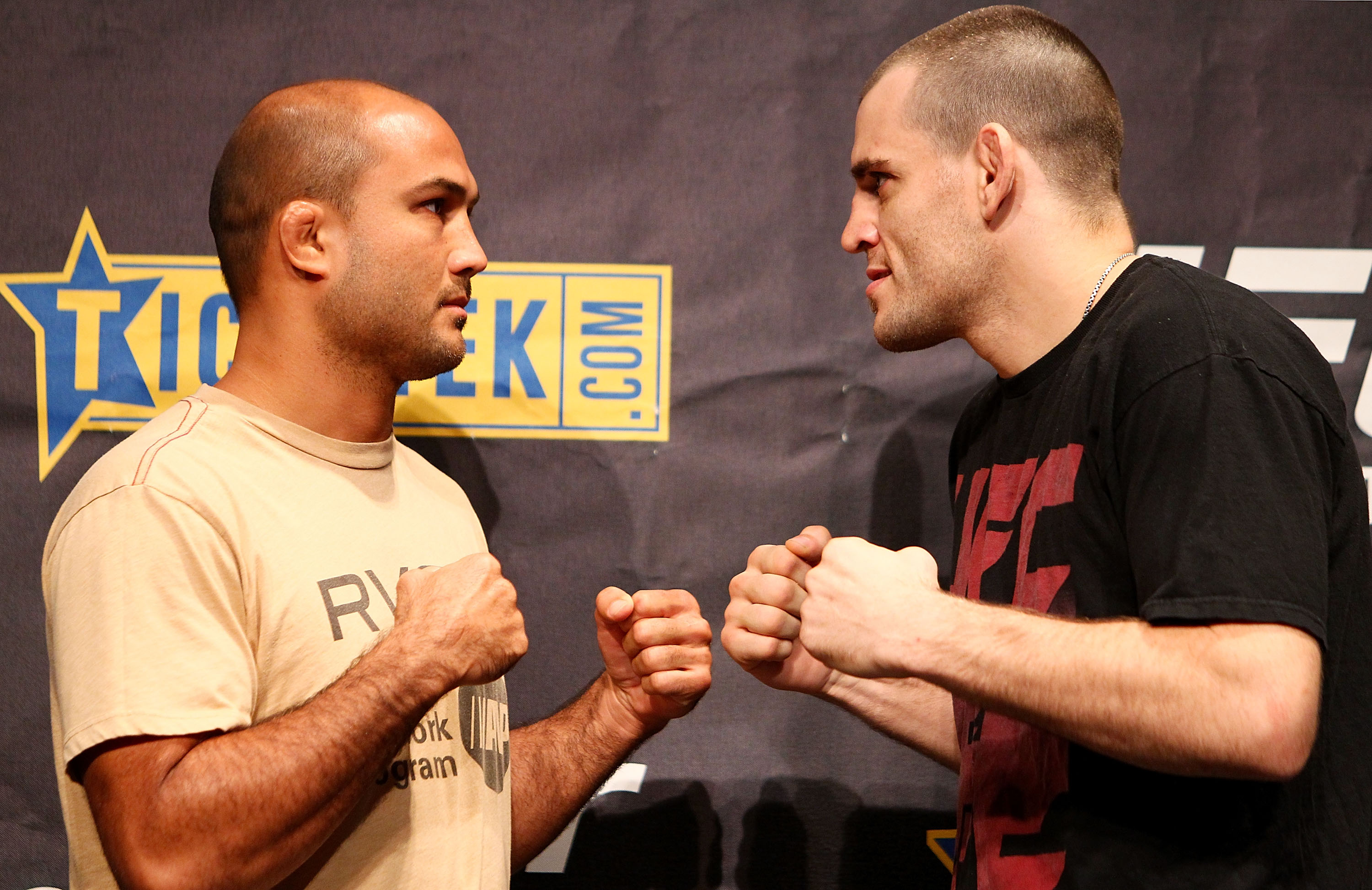 SYDNEY, AUSTRALIA - DECEMBER 14: BJ Penn and Jon Fitch face off during a UFC 127 Press Conference at Star City on December 14, 2010 in Sydney, Australia.  (Photo by Mark Nolan/Getty Images)