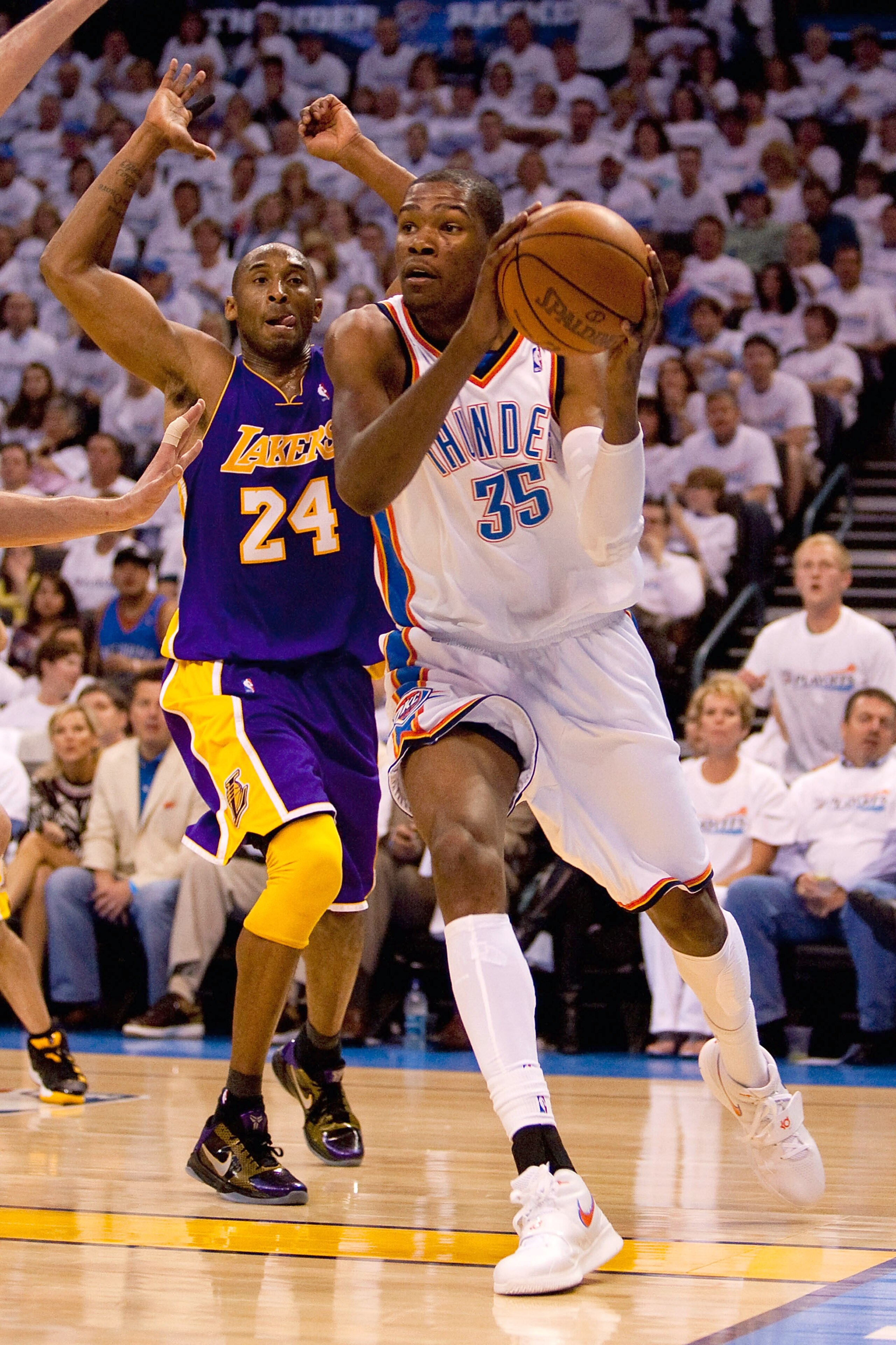 OKLAHOMA CITY - APRIL 24: Kevin Durant #35 of the Oklahoma City Thunder drives to the basket against Kobe Bryant #24 of the Los Angeles Lakers during Game Four of the Western Conference Quarterfinals of the 2010 NBA Playoffs on April 24, 2010 at the Ford