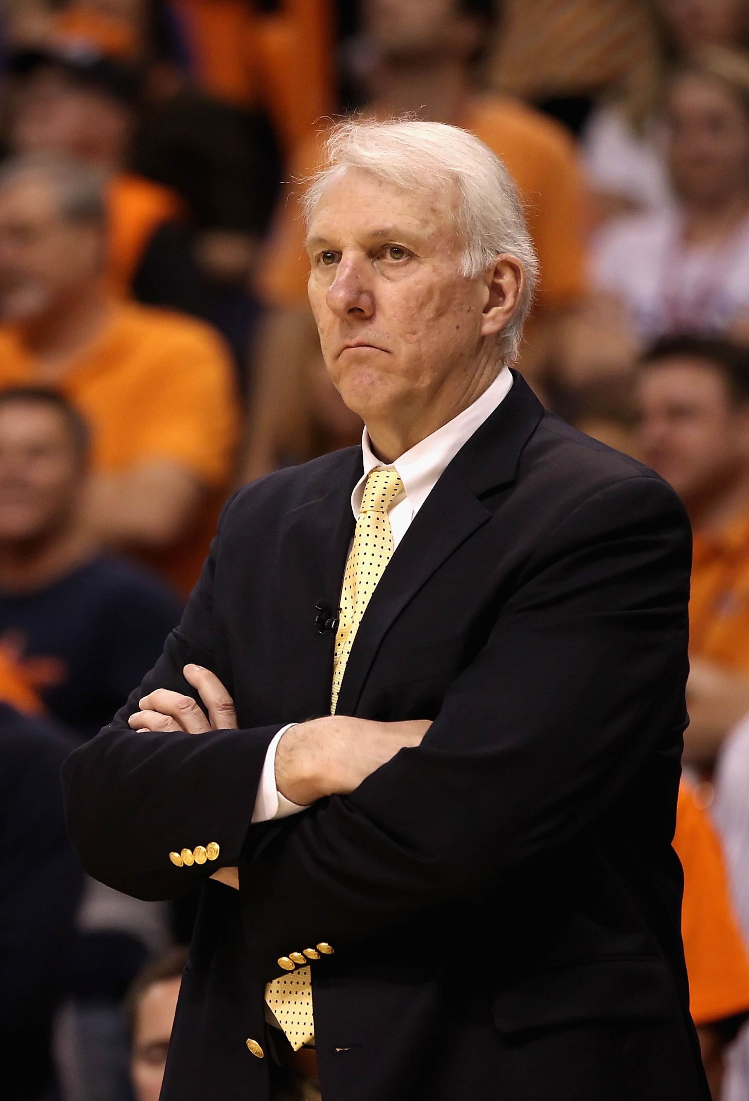 PHOENIX - MAY 03:  Head coach Gregg Popovich of the San Antonio Spurs reacts during Game One of the Western Conference Semifinals of the 2010 NBA Playoffs against the Phoenix Suns at US Airways Center on May 3, 2010 in Phoenix, Arizona. The Suns defeated