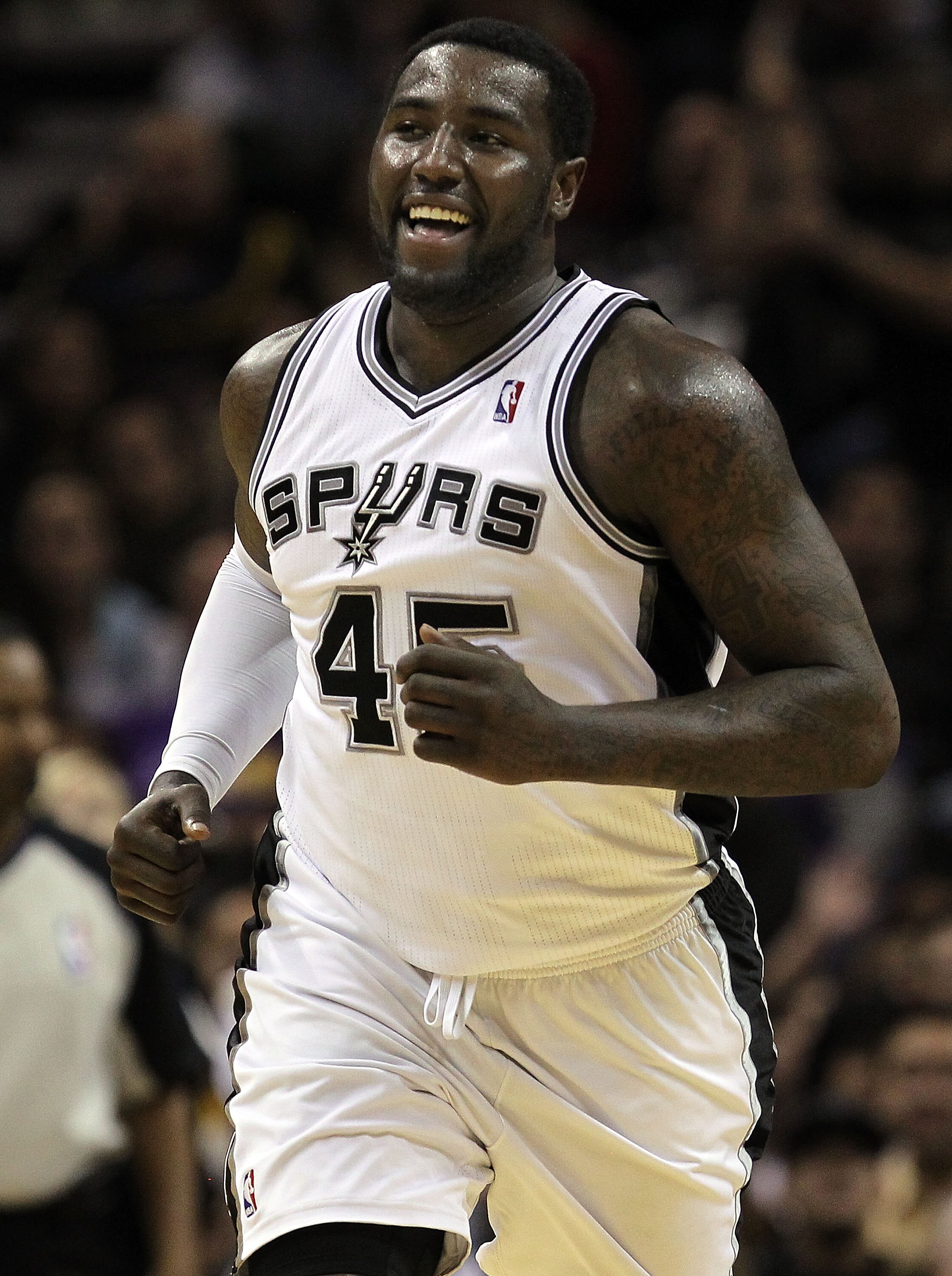 SAN ANTONIO, TX - DECEMBER 28:  Forward DeJuan Blair #45 of the San Antonio Spurs reacts during play against the Los Angeles Lakers at AT&T Center on December 28, 2010 in San Antonio, Texas.  NOTE TO USER: User expressly acknowledges and agrees that, by d