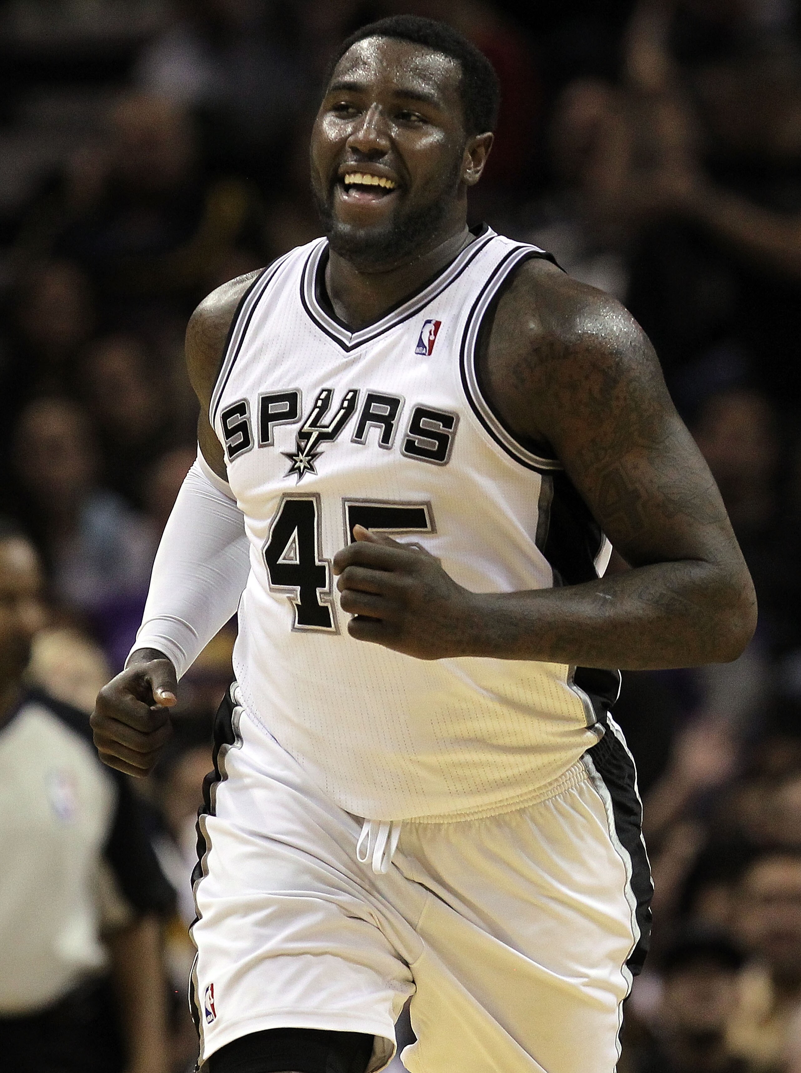 SAN ANTONIO, TX - DECEMBER 28:  Forward DeJuan Blair #45 of the San Antonio Spurs reacts during play against the Los Angeles Lakers at AT&T Center on December 28, 2010 in San Antonio, Texas.  NOTE TO USER: User expressly acknowledges and agrees that, by d