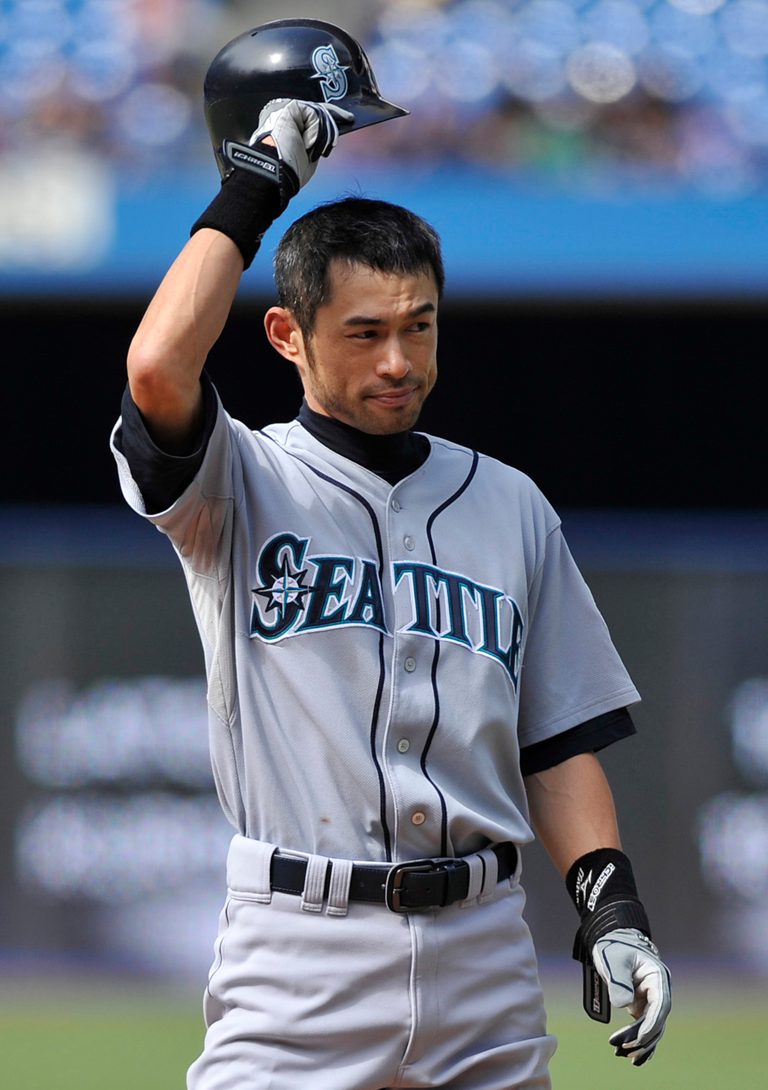TORONTO - SEPTEMBER 23:  (EDITORS NOTE: Retransmission with alternate crop.)  Ichiro Suzuki #51 of the Seattle Mariners tips his hat to the crowd after hitting his 200th hit of the season during game action against the Toronto Blue jays September 23, 2010