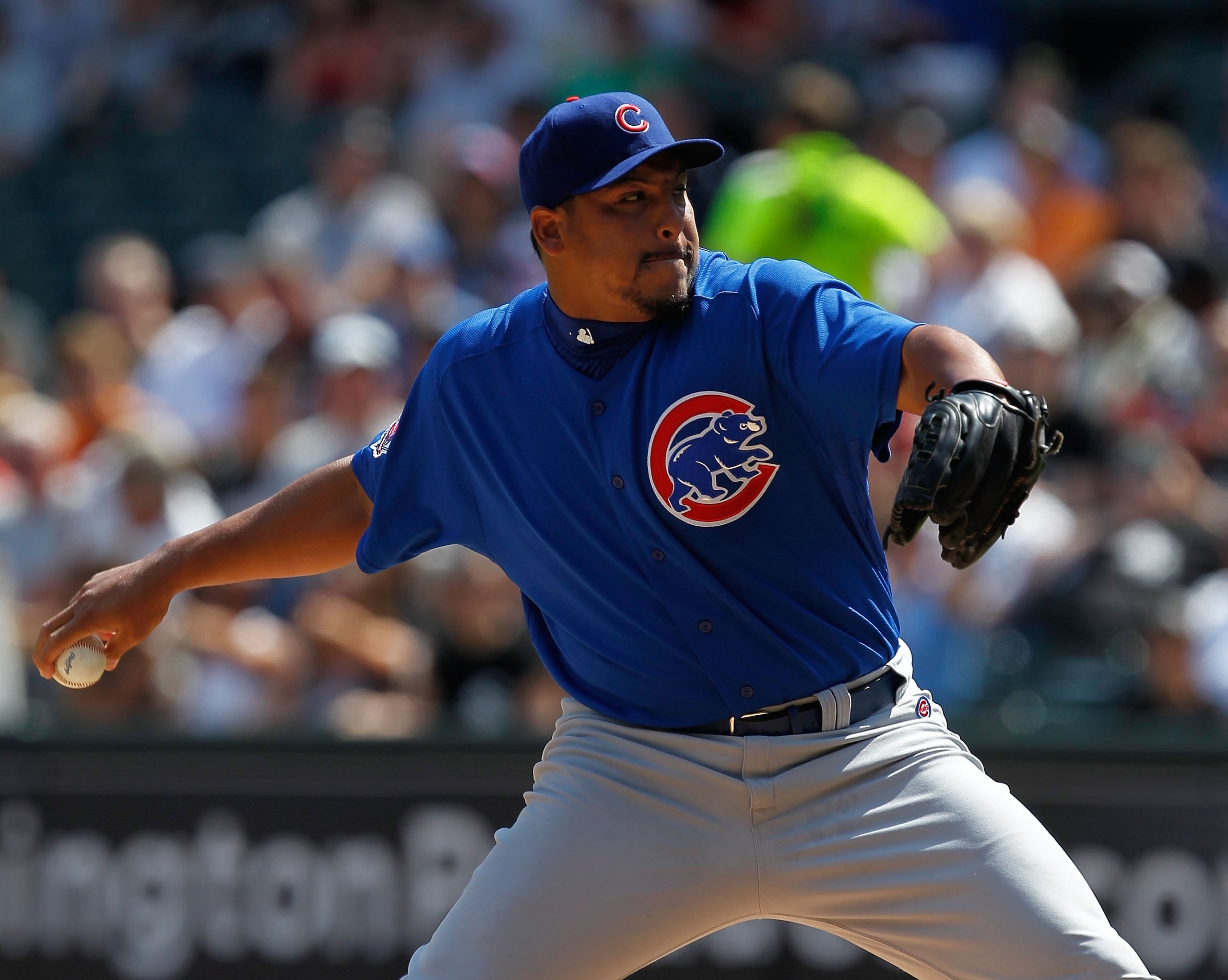 CHICAGO - JUNE 25: Starting pitcher Carlos Zambrano #38 of the Chicago Cubs throws the ball in the 1st inning to Carlos Quentin of the Chicago White Sox at U.S. Cellular Field on June 25, 2010 in Chicago, Illinois. Zambrano was suspended indefinitely by t