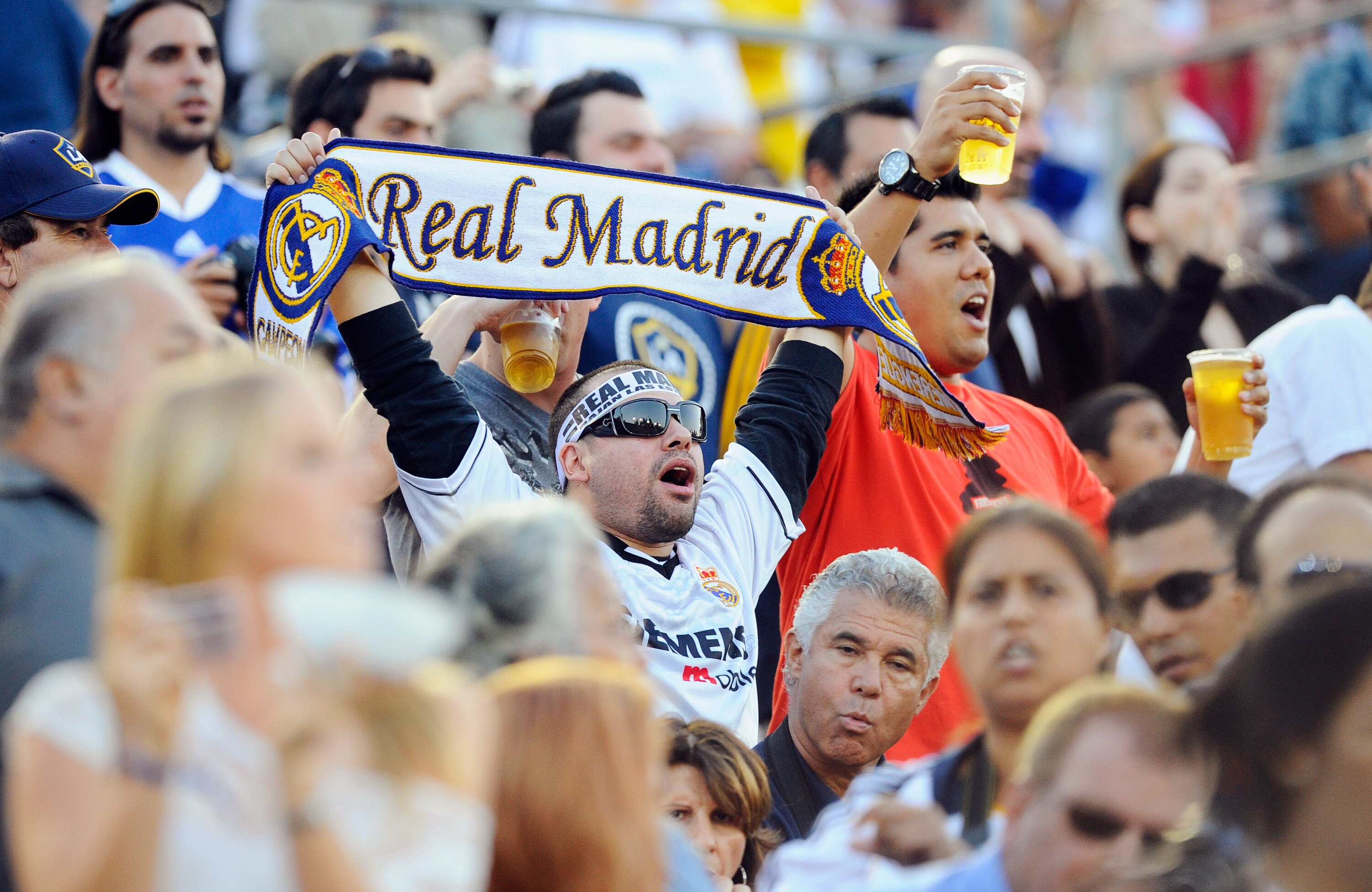PASADENA, CA - AUGUST 07:  fans cheer for Real Madrid during their pre-season friendly soccer match against Los Angeles Galaxy on August 7, 2010 at the Rose Bowl in Pasadena, California. Real Madrid will travel back to Spain after the soccer match complet