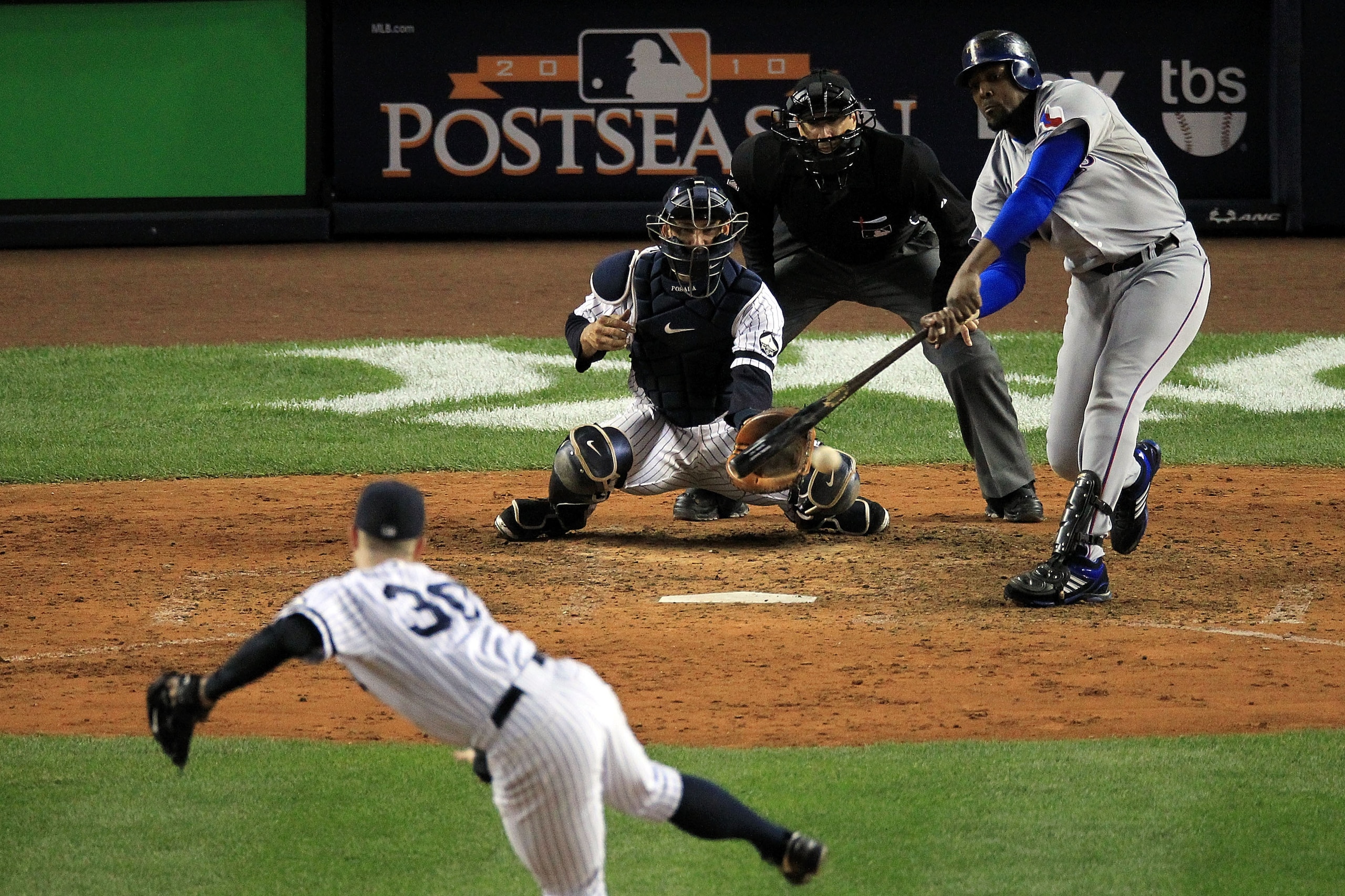 NEW YORK - OCTOBER 18:  Vladimir Guerrero #27 of the Texas Rangers bats against the New York Yankees in Game Three of the ALCS during the 2010 MLB Playoffs at Yankee Stadium on October 18, 2010 in New York, New York.  (Photo by Travis Lindquist/Getty Imag