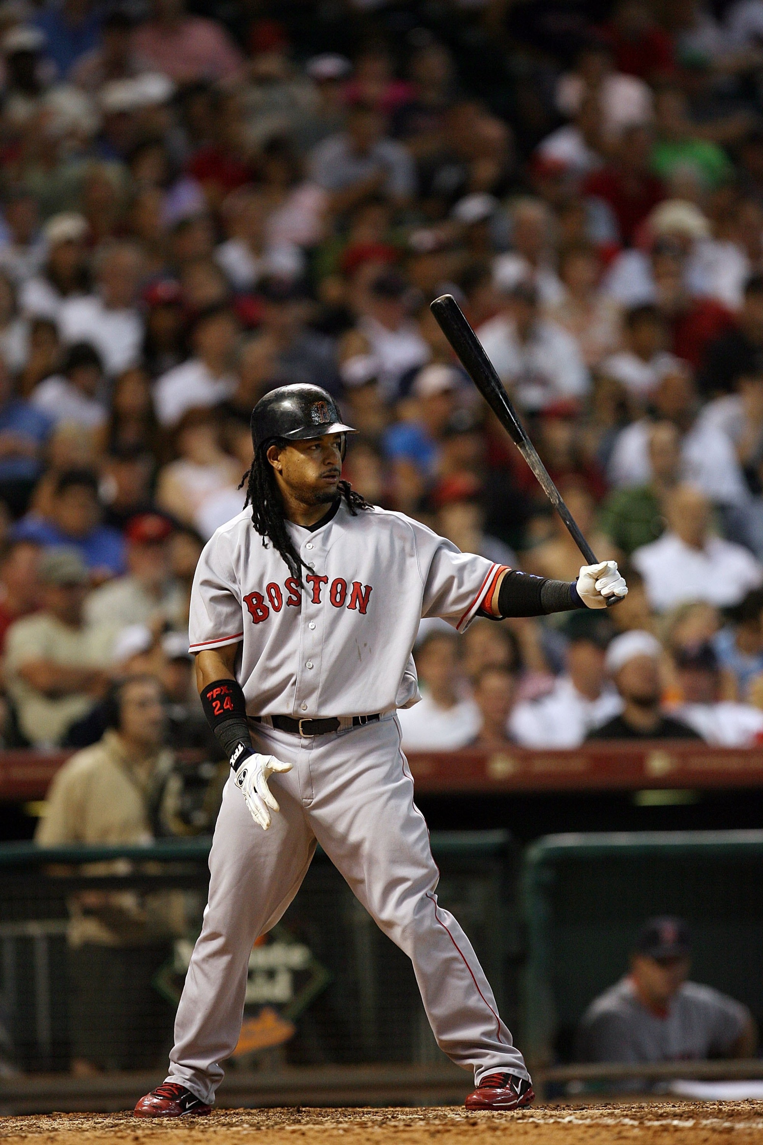 HOUSTON - JUNE 29:  Manny Ramirez #24 of the Boston Red Sox at bat against the Houston Astros during Interleague MLB action on June 29, 2008 at Minute Maid Park in Houston, Texas.  (Photo by Ronald Martinez/Getty Images)