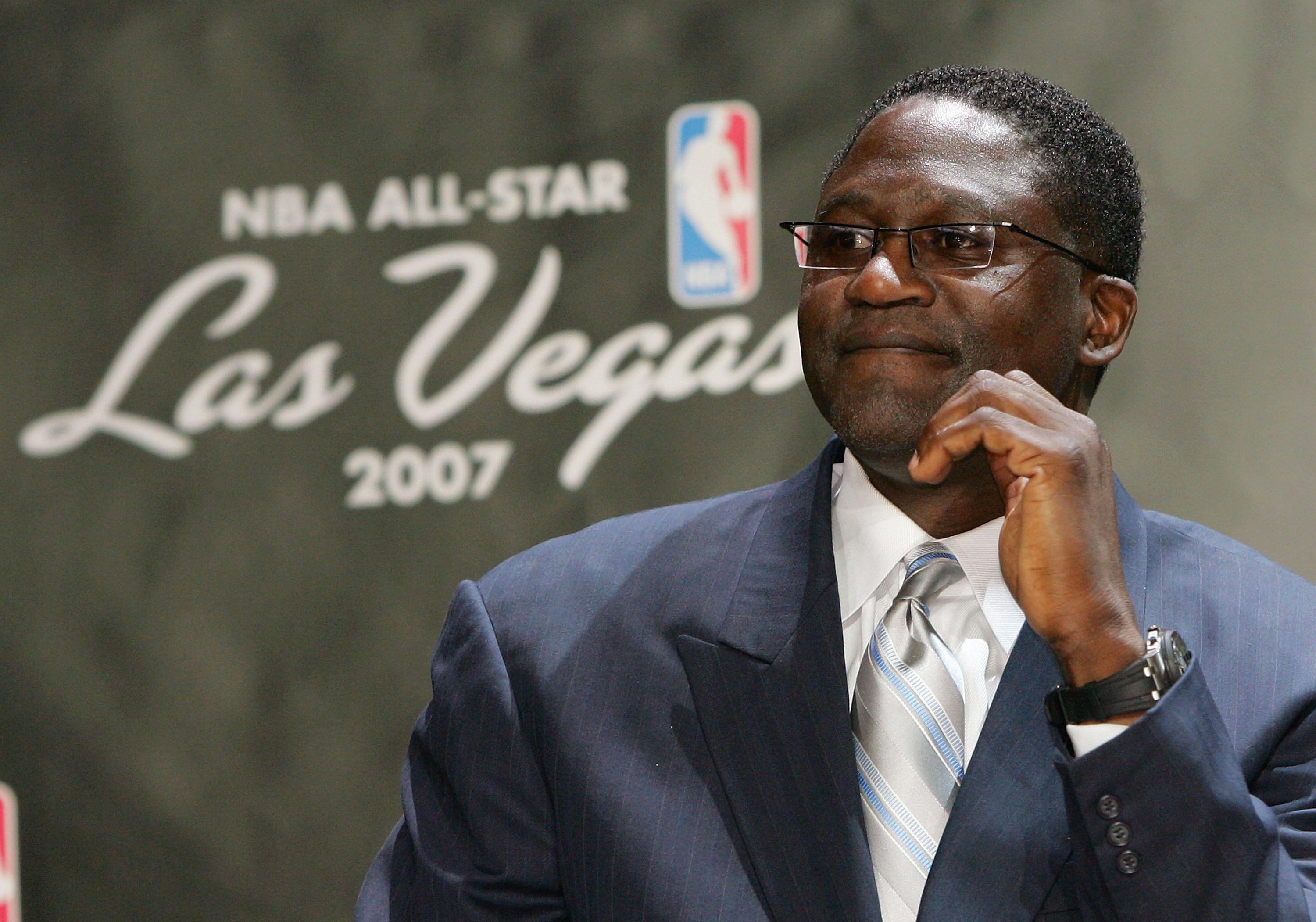 LAS VEGAS - APRIL 20:  2006 NBA Hall of Fame inductee Dominique Wilkins listens during a ceremony held to unveil the logo for the 2007 NBA All-Star Game at the Fashion Show Mall April 20, 2006 in Las Vegas, Nevada. The game will be held February 18, 2007,