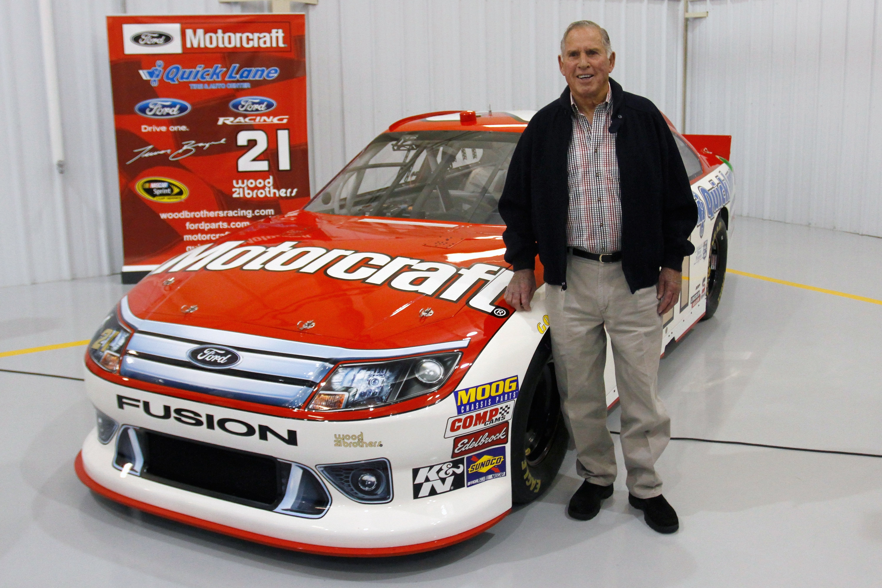 CONCORD, NC - JANUARY 27:  NASCAR Hall of Fame inductee David Pearson poses with the #21 Motorcraft Ford during the NASCAR Sprint Media Tour hosted by Charlotte Motor Speedway, held at the Roush-Fenway hanger of Concord Regional Airport, on January 27, 20