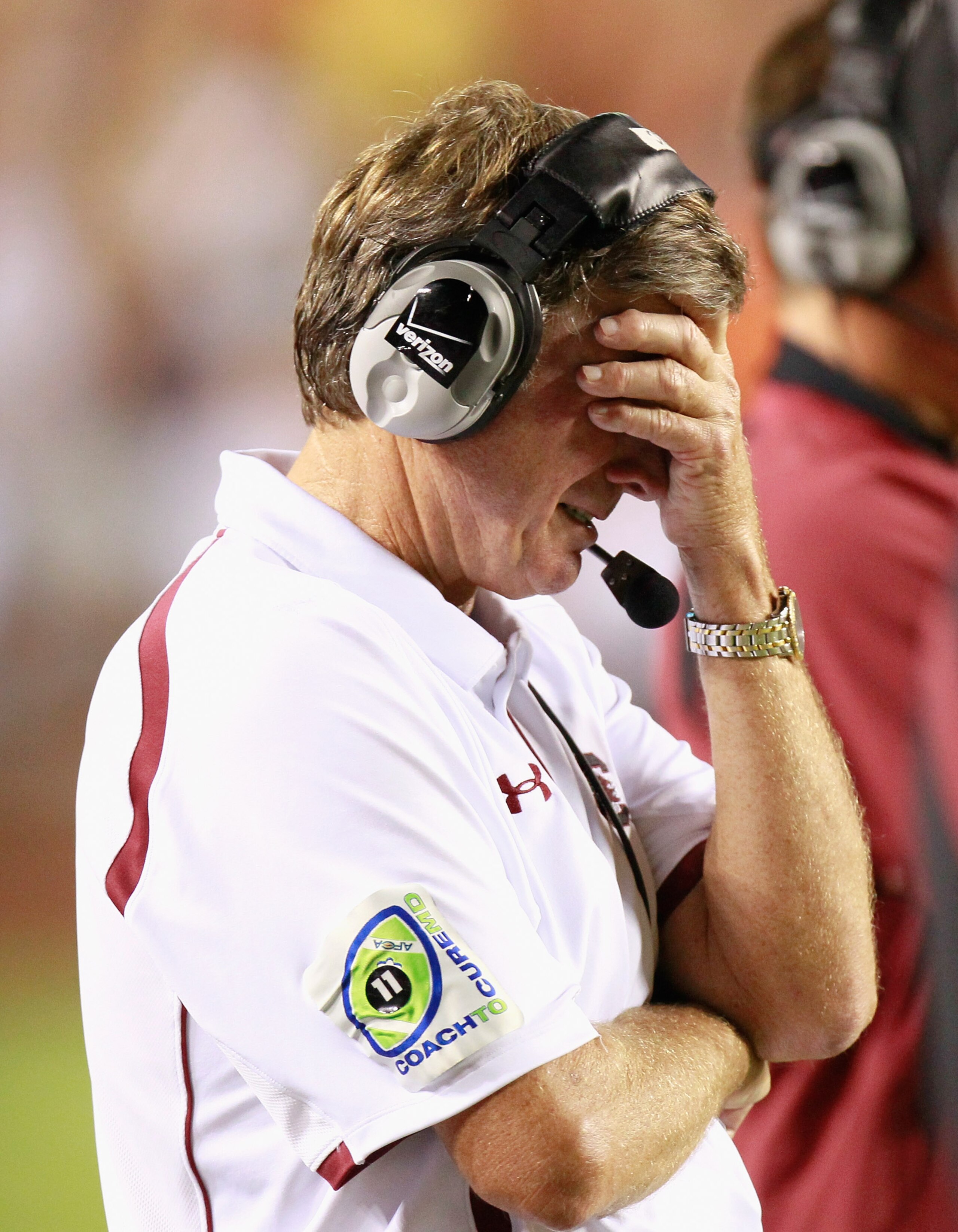 AUBURN, AL - SEPTEMBER 25:  Head coach Steve Spurrier of the South Carolina Gamecocks reacts after a turnover to the Auburn Tigers at Jordan-Hare Stadium on September 25, 2010 in Auburn, Alabama.  (Photo by Kevin C. Cox/Getty Images)