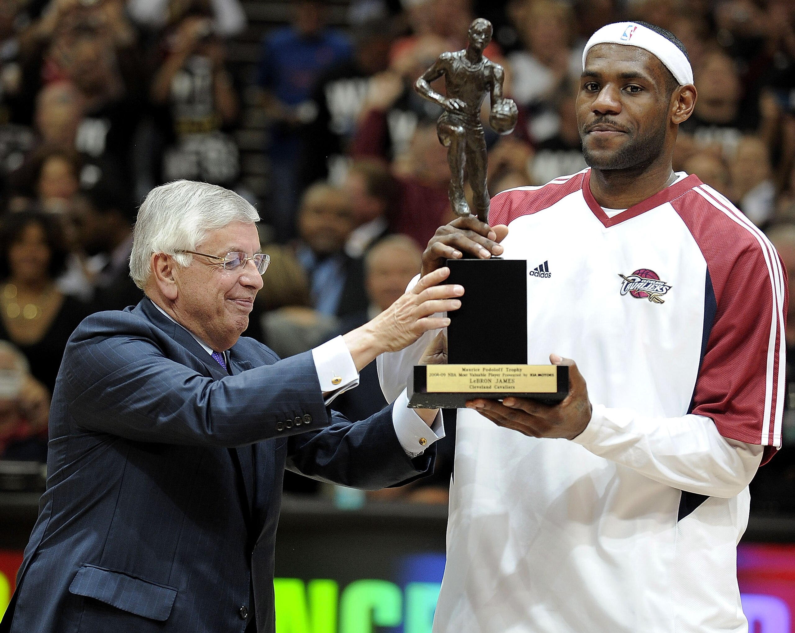 CLEVELAND - MAY 05: LeBron James #23 of the Cleveland Cavaliers receives 2008-2009 MVP trophy from NBA Commissioner David Stern prior to playing the Atlanta Hawks in Game One of the Eastern Conference Semifinals during the 2009 NBA Playoffs at Quicken Lo CLEVELAND - MAY 05: LeBron James #23 of the Cleveland Cavaliers receives 2008-2009 MVP trophy from NBA Commissioner David Stern prior to playing the Atlanta Hawks in Game One of the Eastern Conference Semifinals during the 2009 NBA Playoffs at Quicken Lo