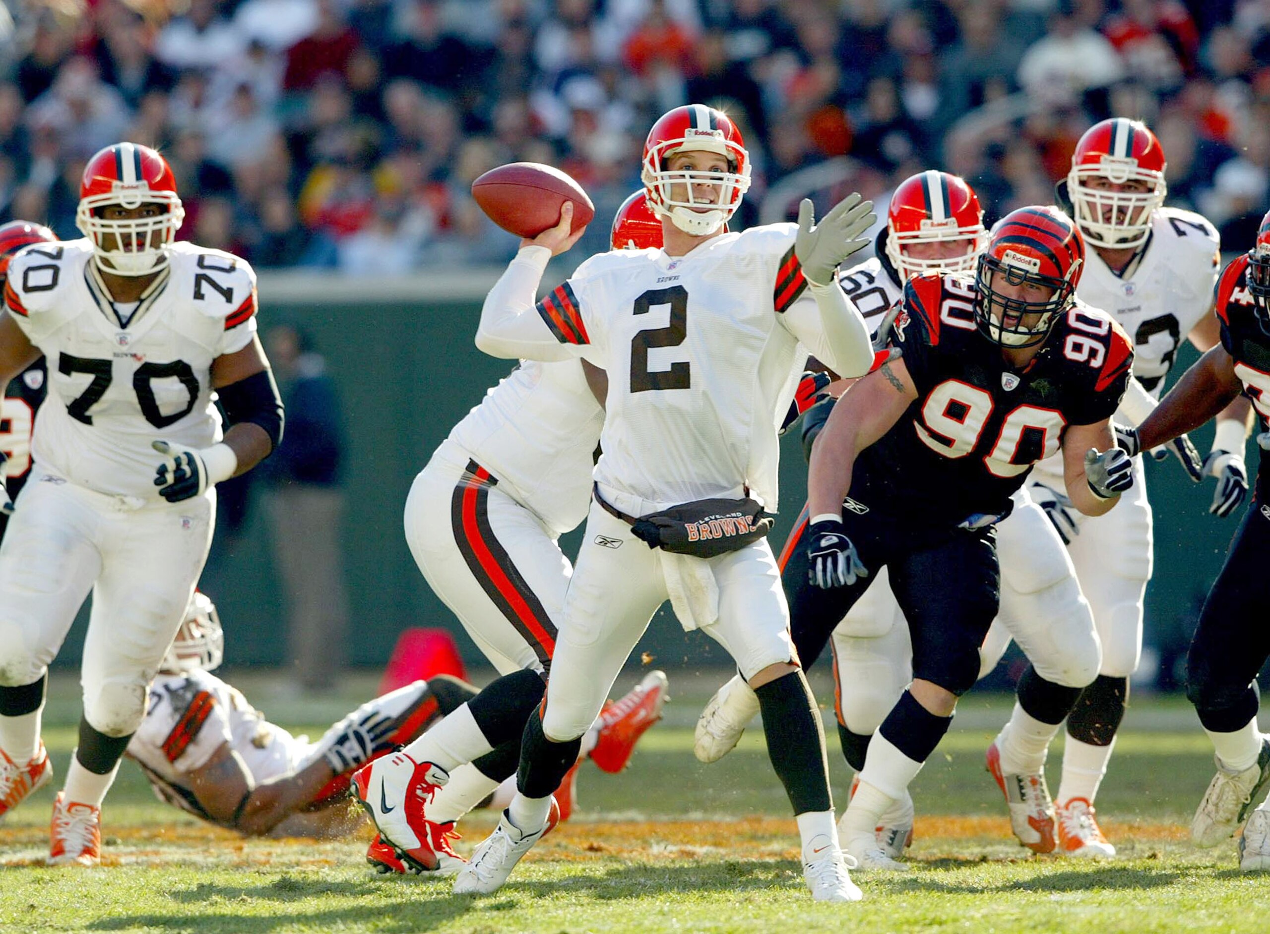 CINCINNATI - DECEMBER 28:  Tim Couch #2 of the Cleveland Browns throws the ball against the Cincinnati Bengals on December 28, 2003 at Paul Brown Stadium in Cincinnati, Ohio. The Browns won 22-14.  (Photo by Andy Lyons/Getty Images)