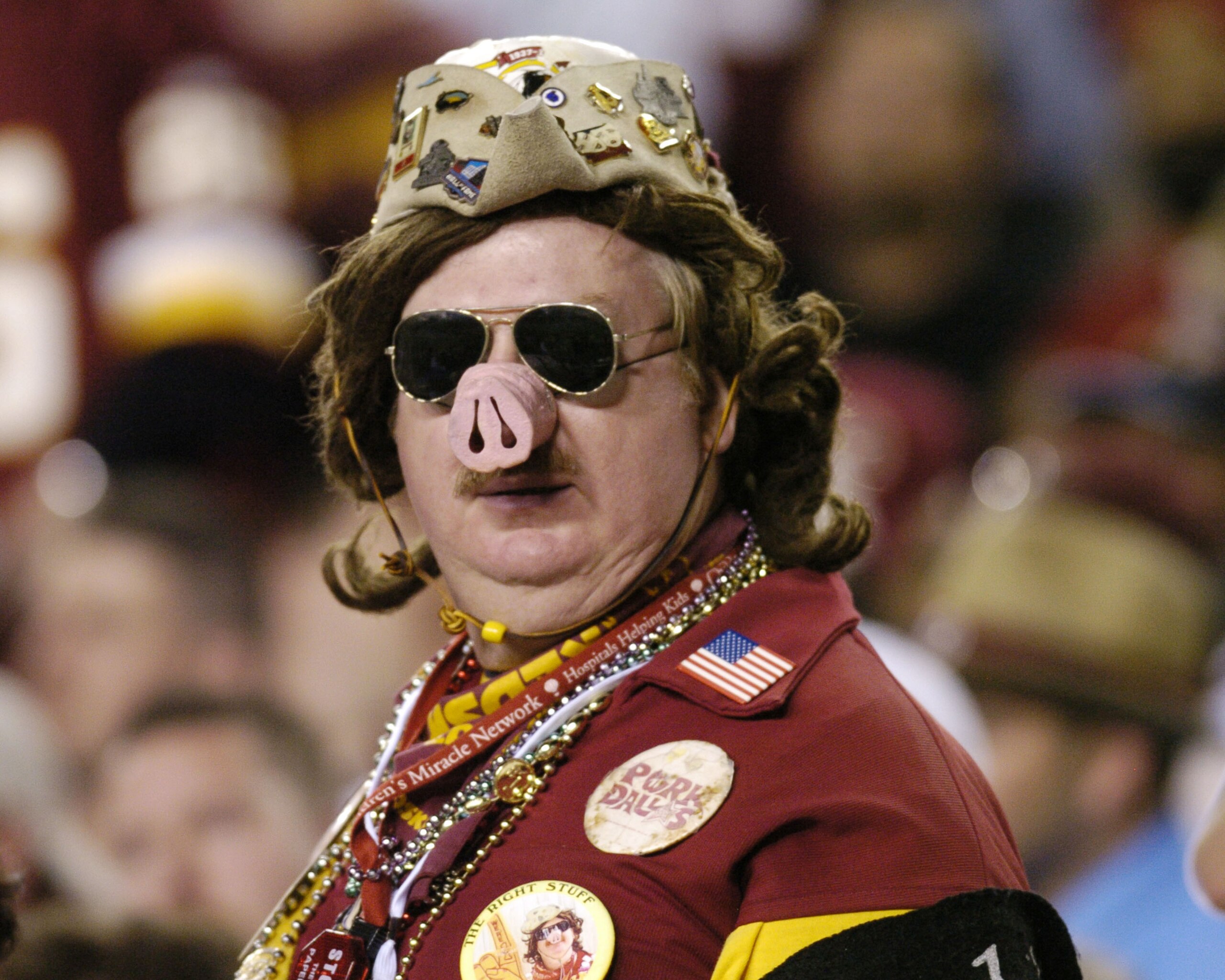 Washington Redskins  fan is outfitted in the glofy days of The Hogs   at FedEx Field, September 27, 2004 in Landover, Maryland. The  Dallas Cowboys defeated the Redskins 21 to 18.  (Photo by Al Messerschmidt/Getty Images)