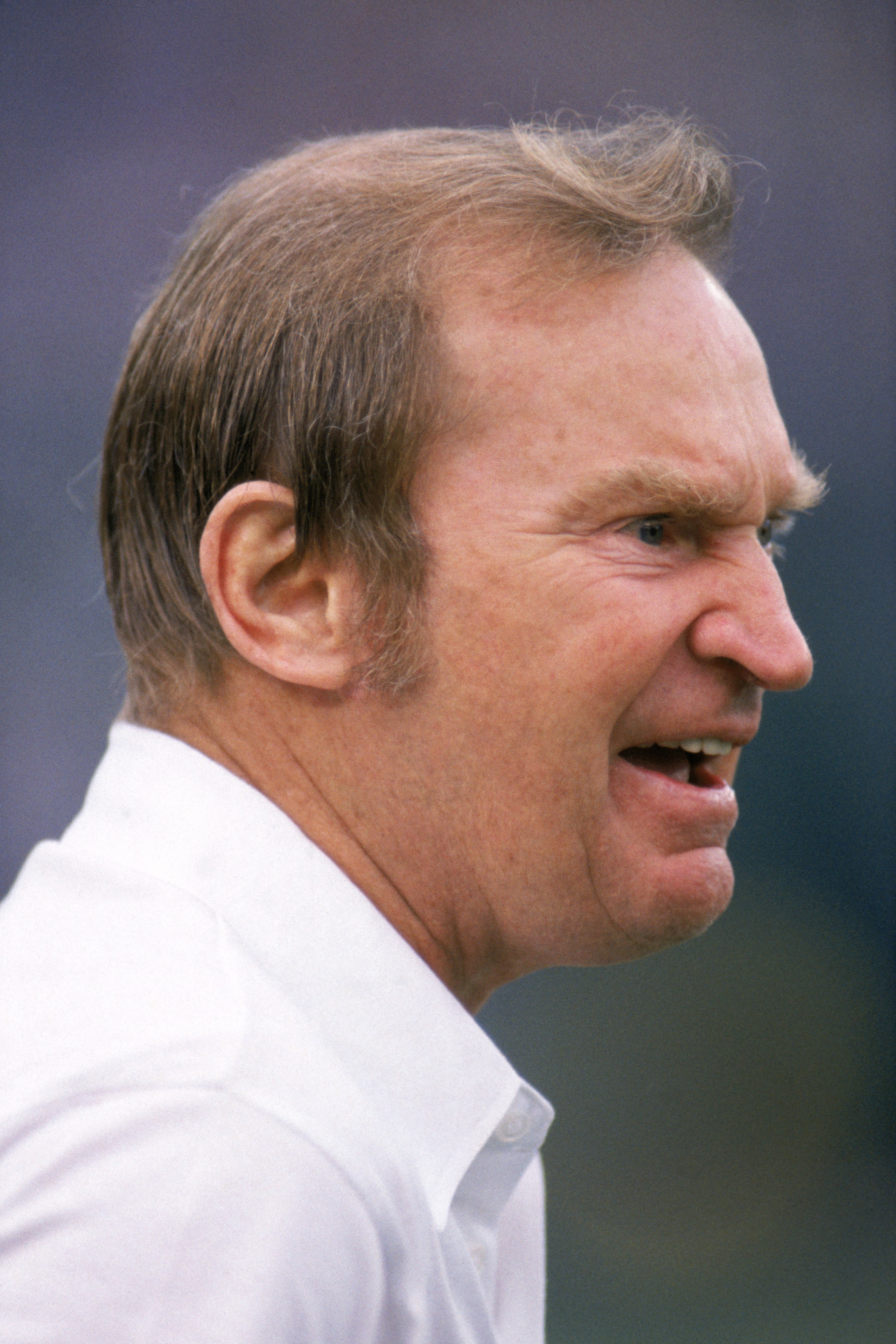 SAN DIEGO - NOVEMBER 10:  Head coach Don Coryell of the San Diego Chargers frowns as he watches the action from the sidelines during a game against the Los Angeles Raiders at Jack Murphy Stadium on November 10, 1985 in San Diego, California.  The Chargers