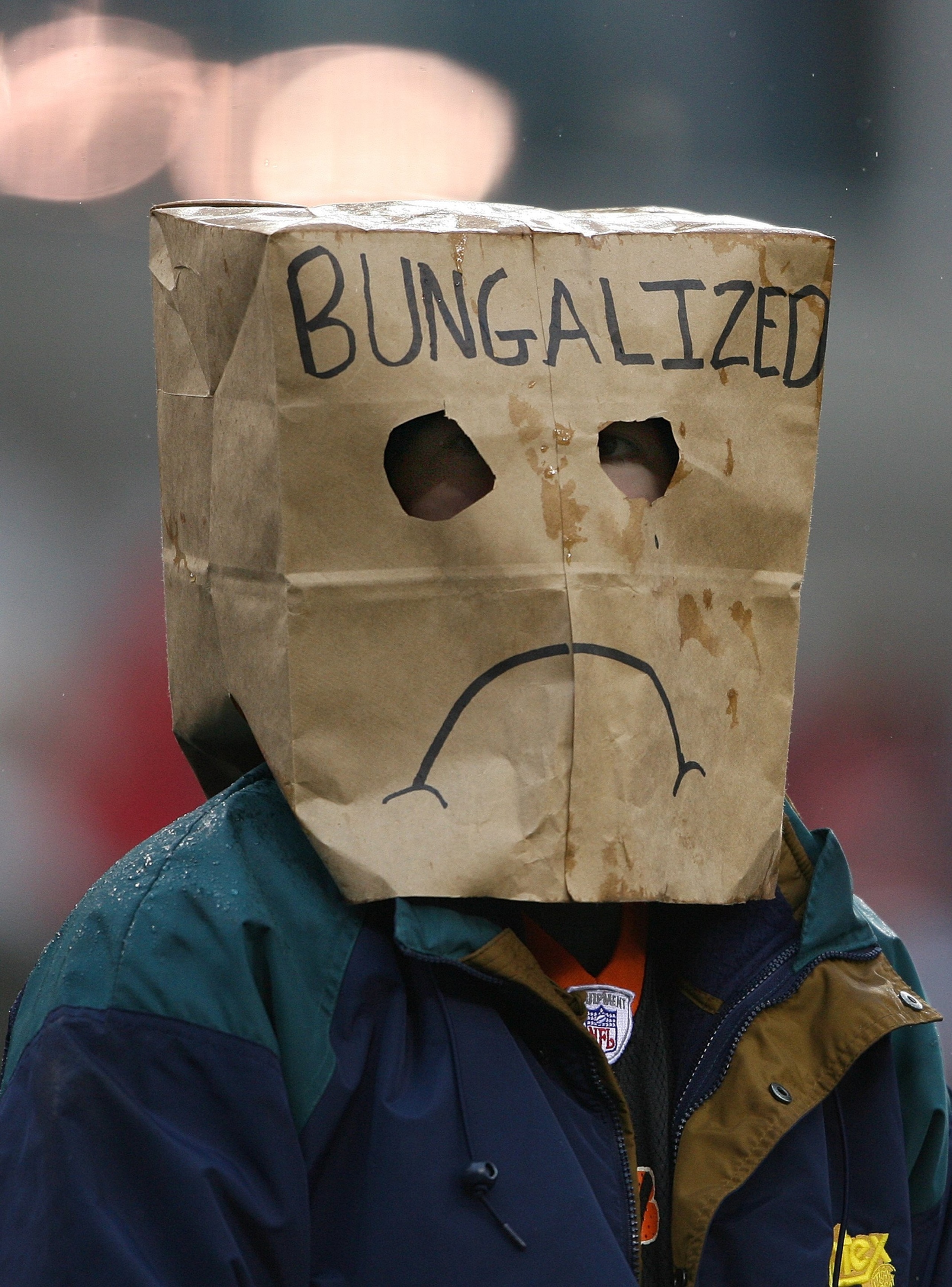 CINCINNATI - NOVEMBER 30:  A football spectator wears a bag over his head during the NFL game between the Baltimore Ravens and the Cincinnati Bengals on November 30, 2008 at Paul Brown Stadium in Cincinnati, Ohio. The Ravens defeated the Bengals 34-3.(Pho