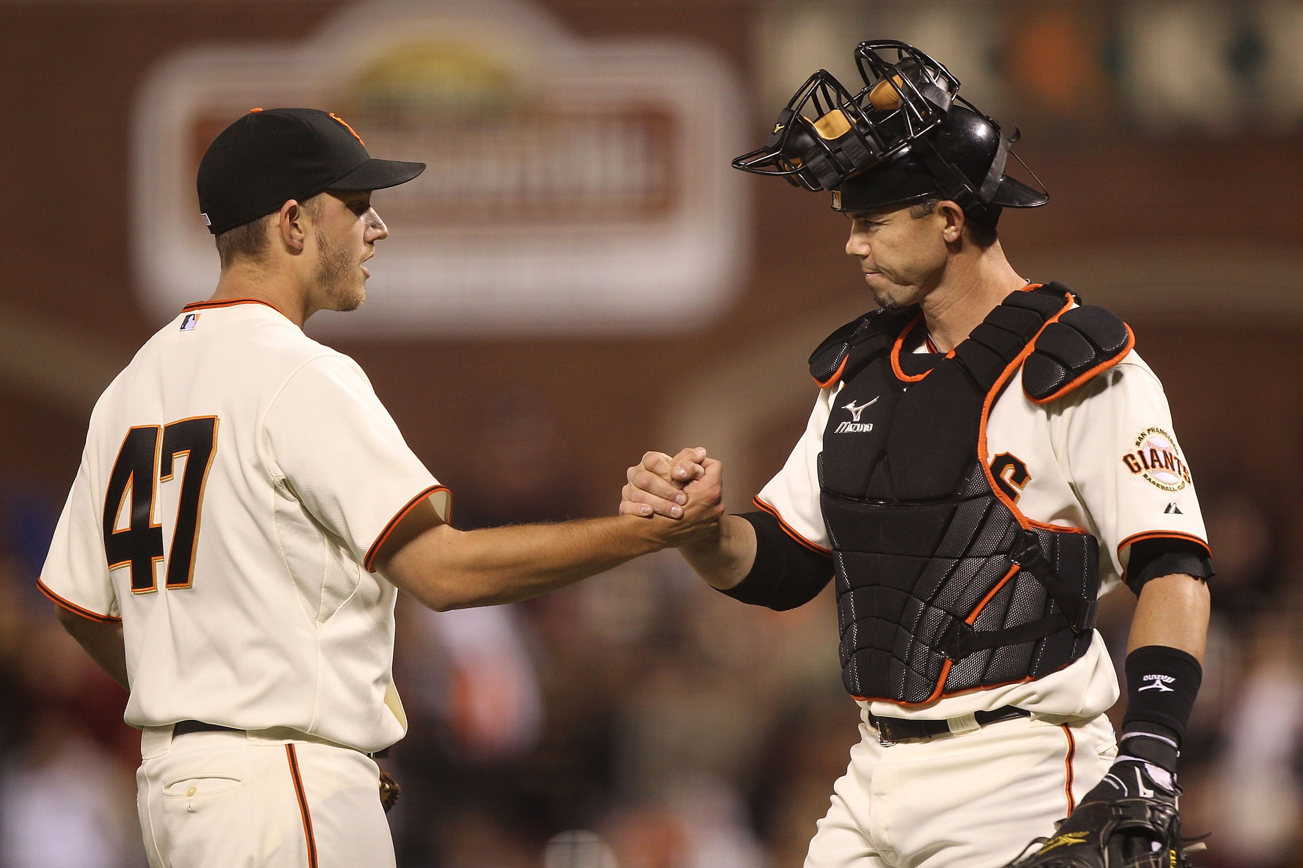 SAN FRANCISCO - SEPTEMBER 16: Chris Ray #47 of the San Francisco Giants celebrates with Eli Whiteside #22 after defeating the Los Angeles Dodgers during a Major League Baseball game at AT&T Park on September 16, 2010 in San Francisco, California. (Photo b