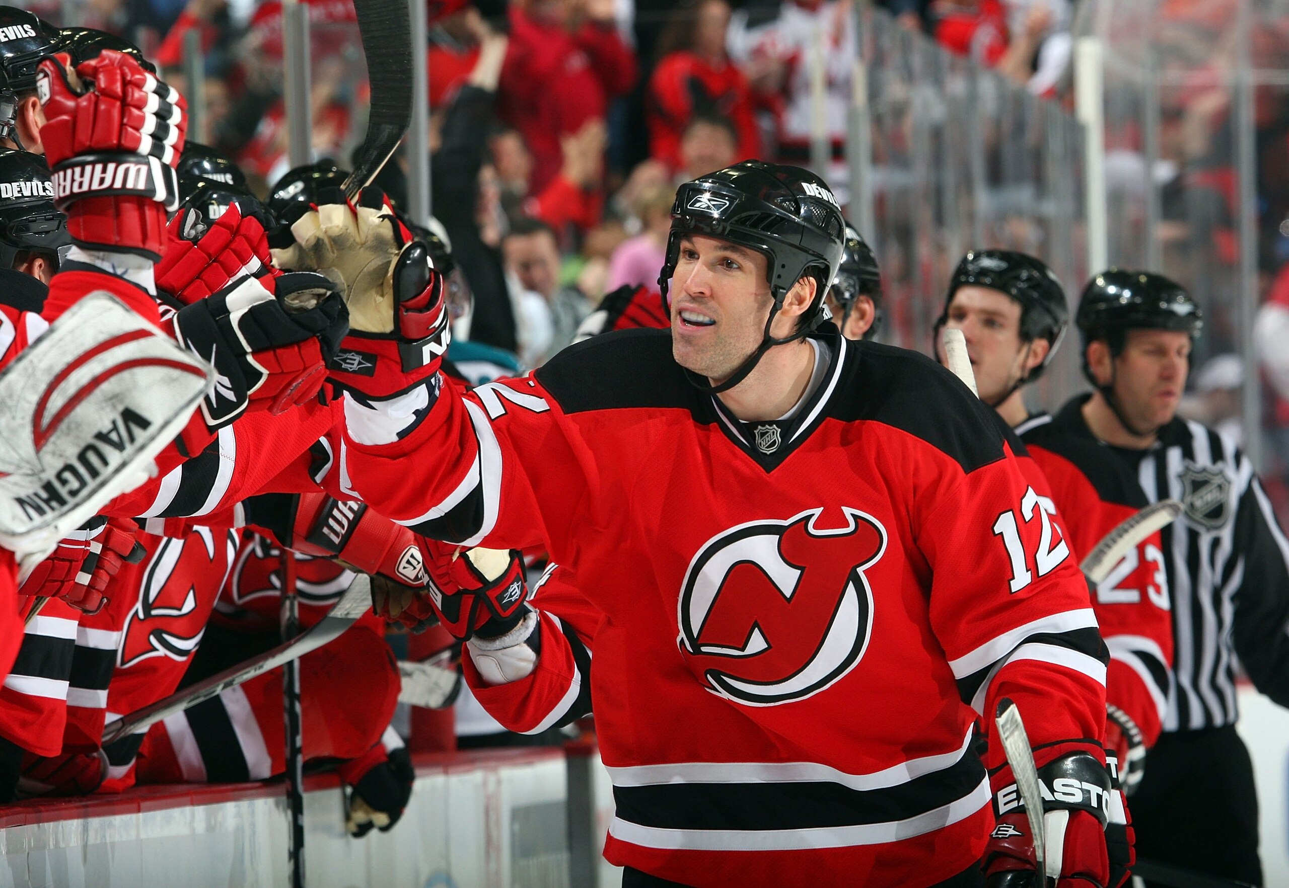 NEWARK, NJ - FEBRUARY 15:  Brian Rolston #12 of the New Jersey Devils skates against the San Jose Sharks at the Prudential Center on February 15, 2009 in Newark, New Jersey. The Devils defeated the Sharks 6-5.  (Photo by Jim McIsaac/Getty Images)