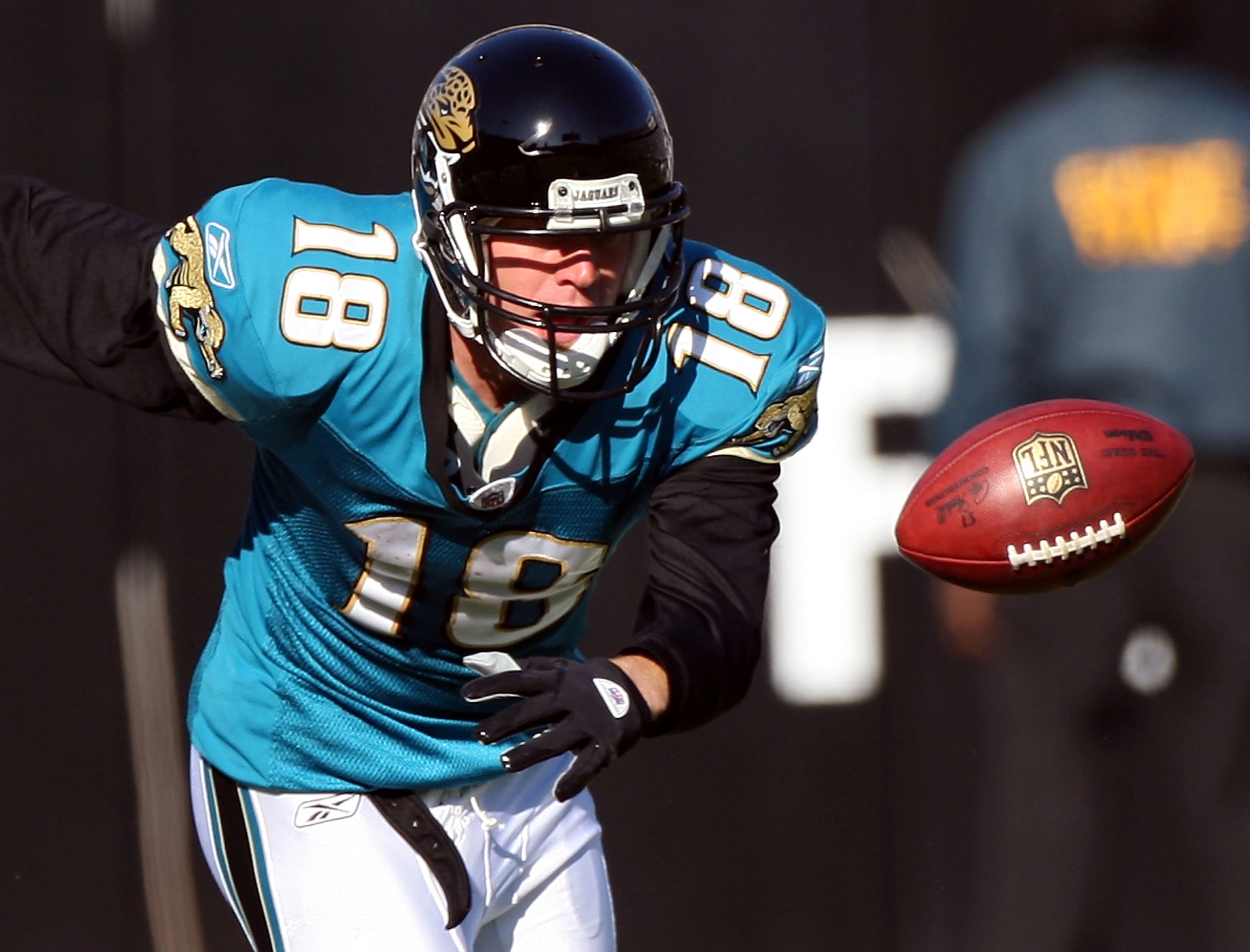JACKSONVILLE, FL - NOVEMBER 23:  Matt Jones #18 of the Jacksonville Jaguars fumbles after making a reception against the Minnesota Vikings during the game at Jacksonville Municipal stadium on November 23, 2008 in Jacksonville, Florida.  (Photo by Sam Gree