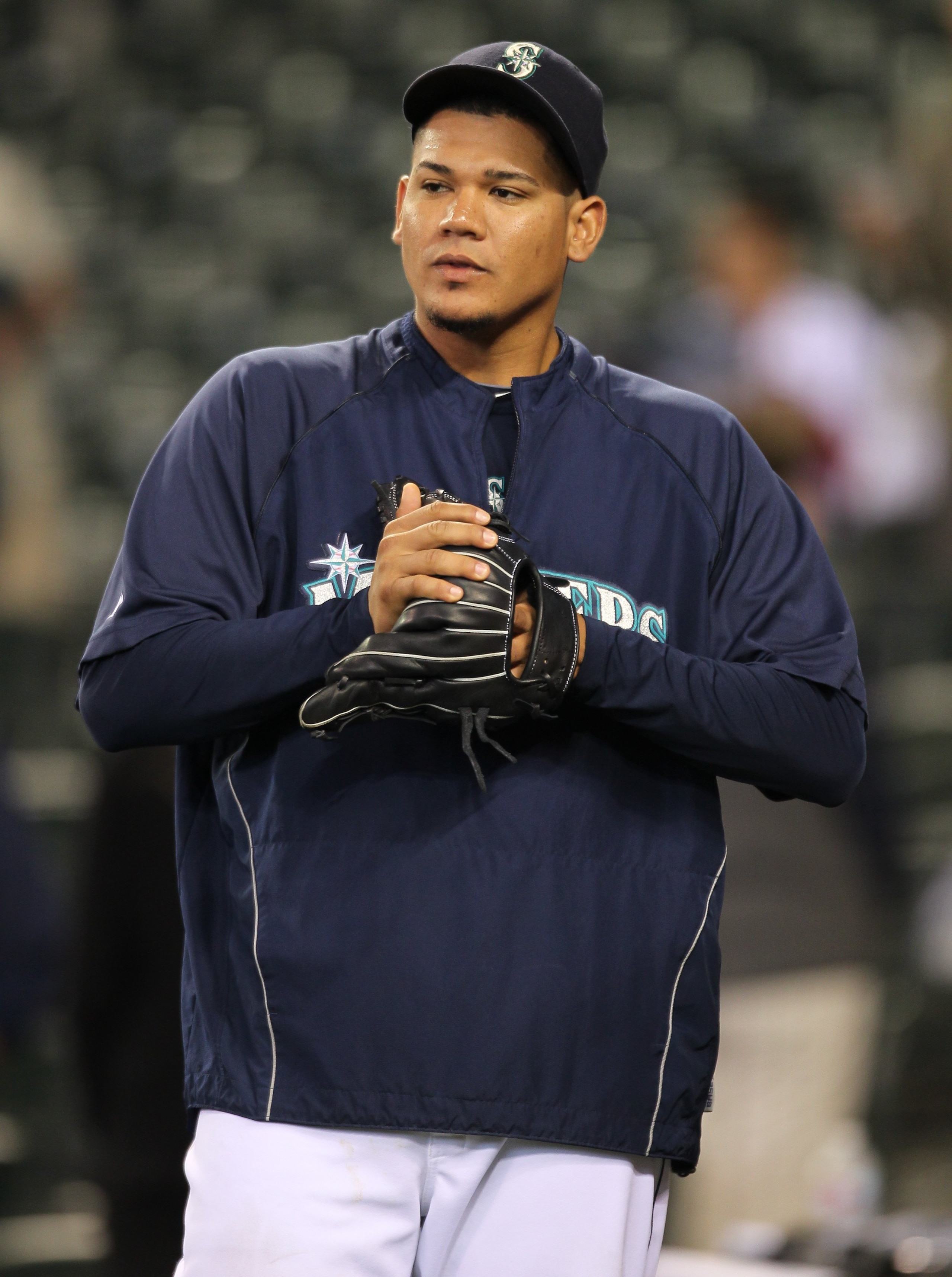 SEATTLE - JUNE 04:  Pitcher Felix Hernandez #34 of the Seattle Mariners looks on during batting practice prior to the game against the Los Angeles Angels of Anaheim at Safeco Field on June 4, 2010 in Seattle, Washington. (Photo by Otto Greule Jr/Getty Ima