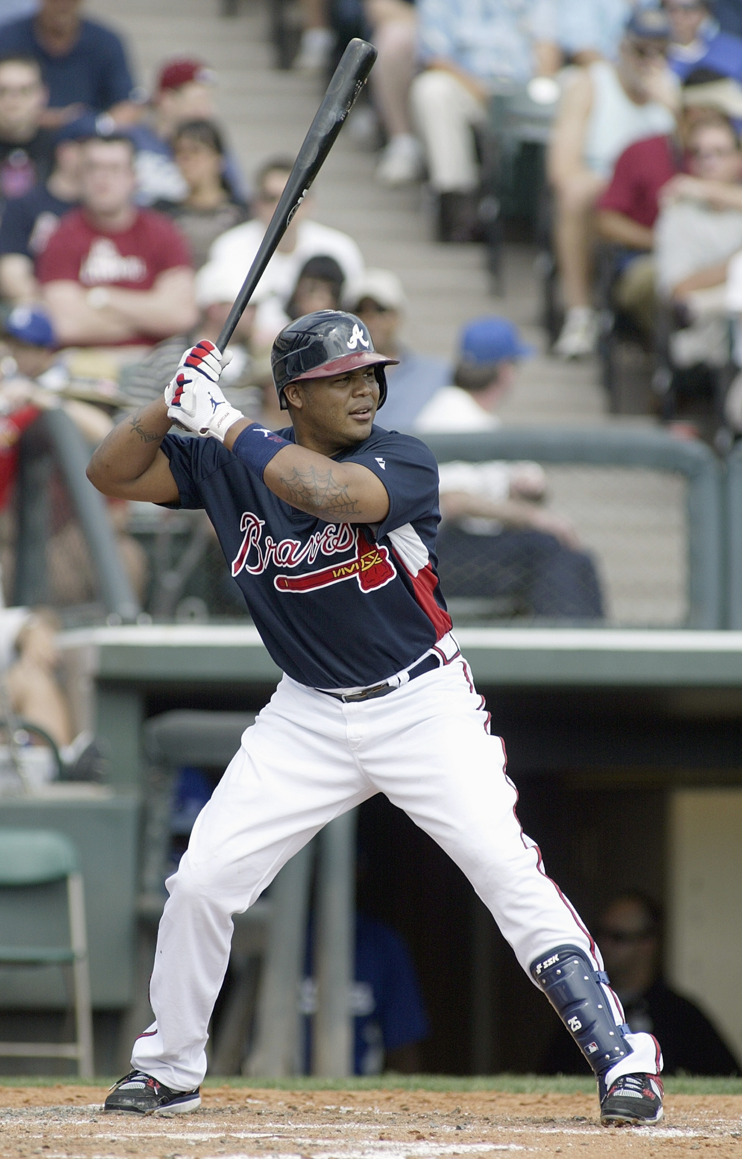 KISSIMMEE, FL - MARCH 1: Andruw Jones #25 of the Atlanta Braves stands at bat during a Spring Training game against the Los Angeles Dodgers on March 1,2007 at The Ballpark at Disney's Wide World of Sports Complex in Kissimmee, Florida. The Braves won 7-2. KISSIMMEE, FL - MARCH 1: Andruw Jones #25 of the Atlanta Braves stands at bat during a Spring Training game against the Los Angeles Dodgers on March 1,2007 at The Ballpark at Disney's Wide World of Sports Complex in Kissimmee, Florida. The Braves won 7-2.