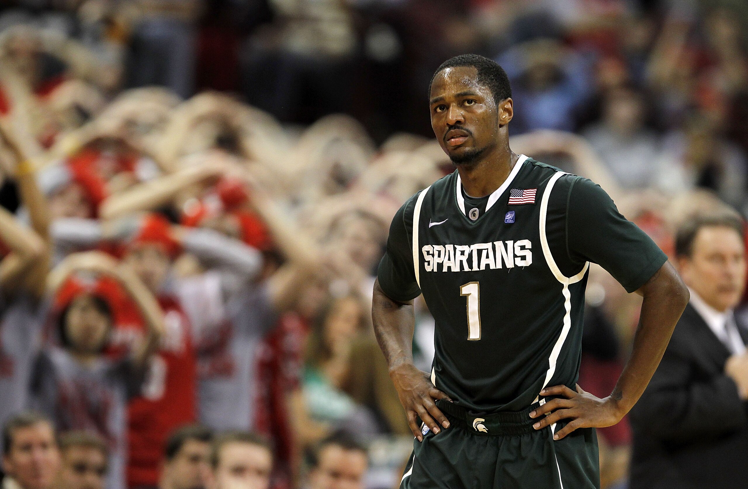 COLUMBUS, OH - FEBRUARY 15: Kalin Lucas #1 of the Michigan State Spartans walks off of the court as Michigan State fell to the Ohio State Buckues 71-61 on February 15, 2011 at Value City Arena in Columbus, Ohio.  (Photo by Gregory Shamus/Getty Images)