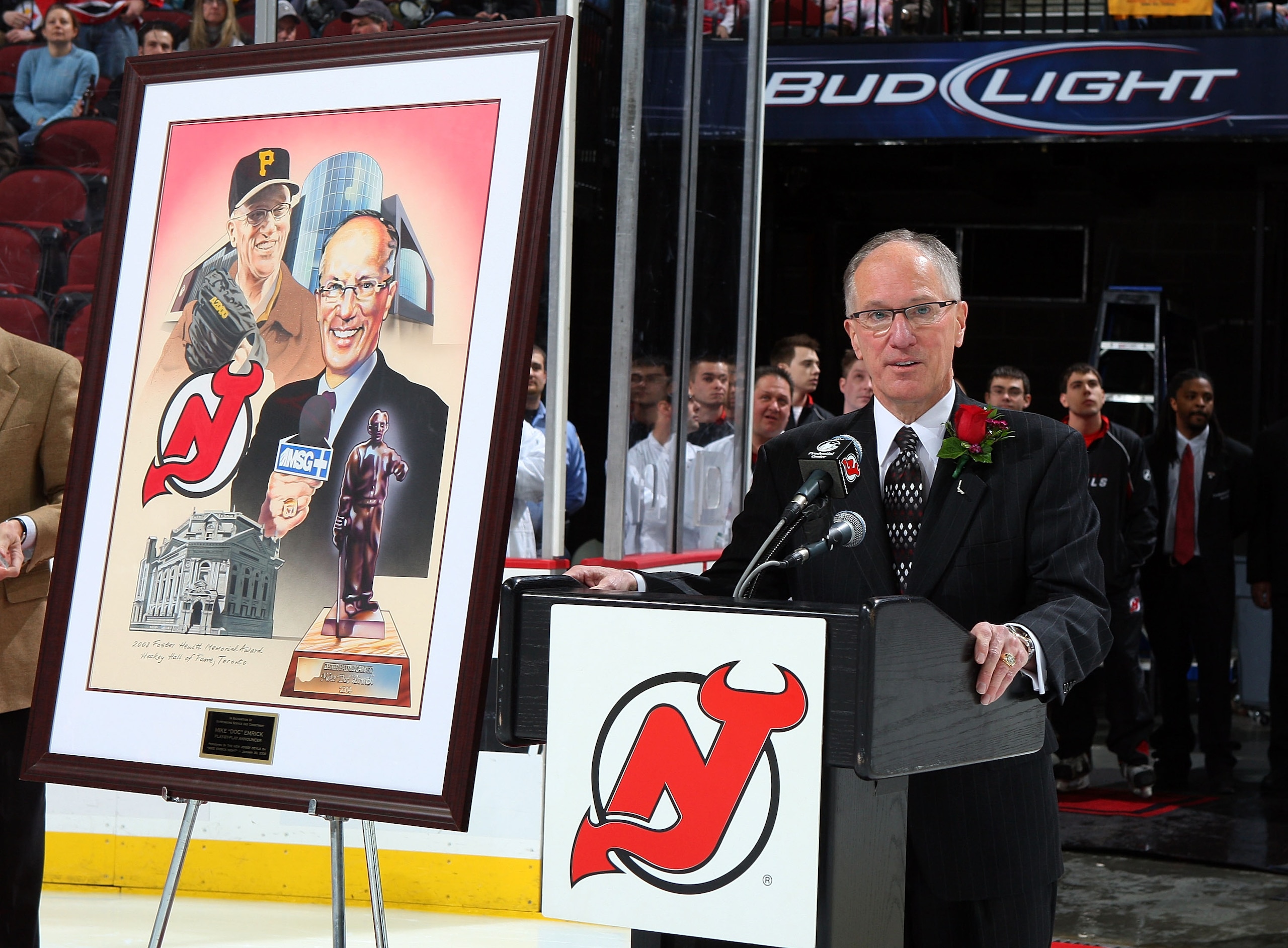 NEWARK, NJ - JANUARY 30:  Television announcer Mike 'Doc' Emrick speaks to the fans as he is honored prior to the Pittsburgh Penguins playing the New Jersey Devils at the Prudential Center on January 30, 2009 in Newark, New Jersey.  (Photo by Jim McIsaac/
