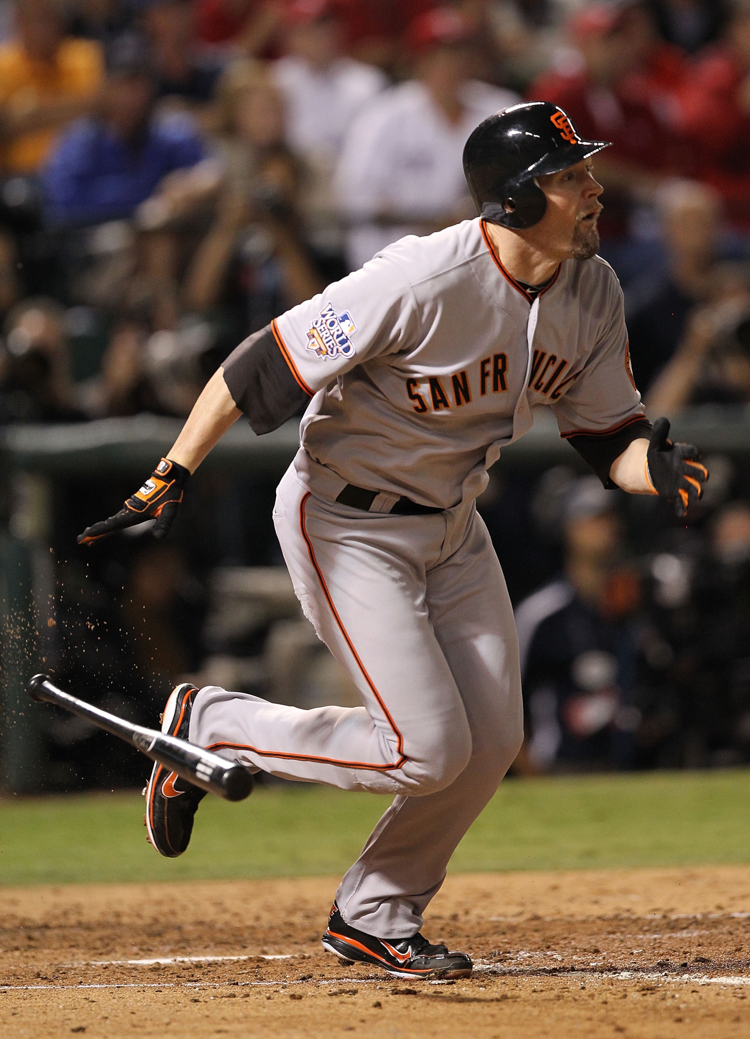 ARLINGTON, TX - NOVEMBER 01:  Aubrey Huff #17 of the San Francisco Giants  bats against the Texas Rangers in Game Five of the 2010 MLB World Series at Rangers Ballpark in Arlington on November 1, 2010 in Arlington, Texas.  (Photo by Ronald Martinez/Getty