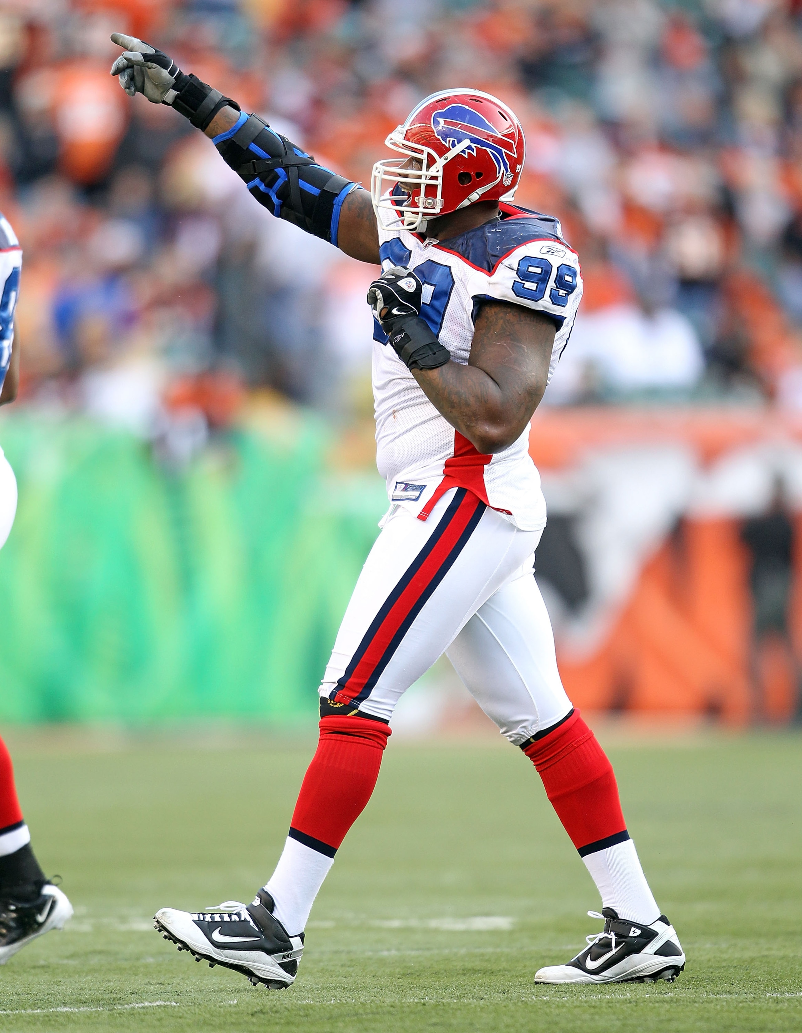 CINCINNATI - NOVEMBER 21:  Marcus Stroud #99 of the Buffalo Bills celebrates during NFL game against the Cincinnati Bengals at Paul Brown Stadium on November 21, 2010 in Cincinnati, Ohio. The Bills won 49-21.  (Photo by Andy Lyons/Getty Images)
