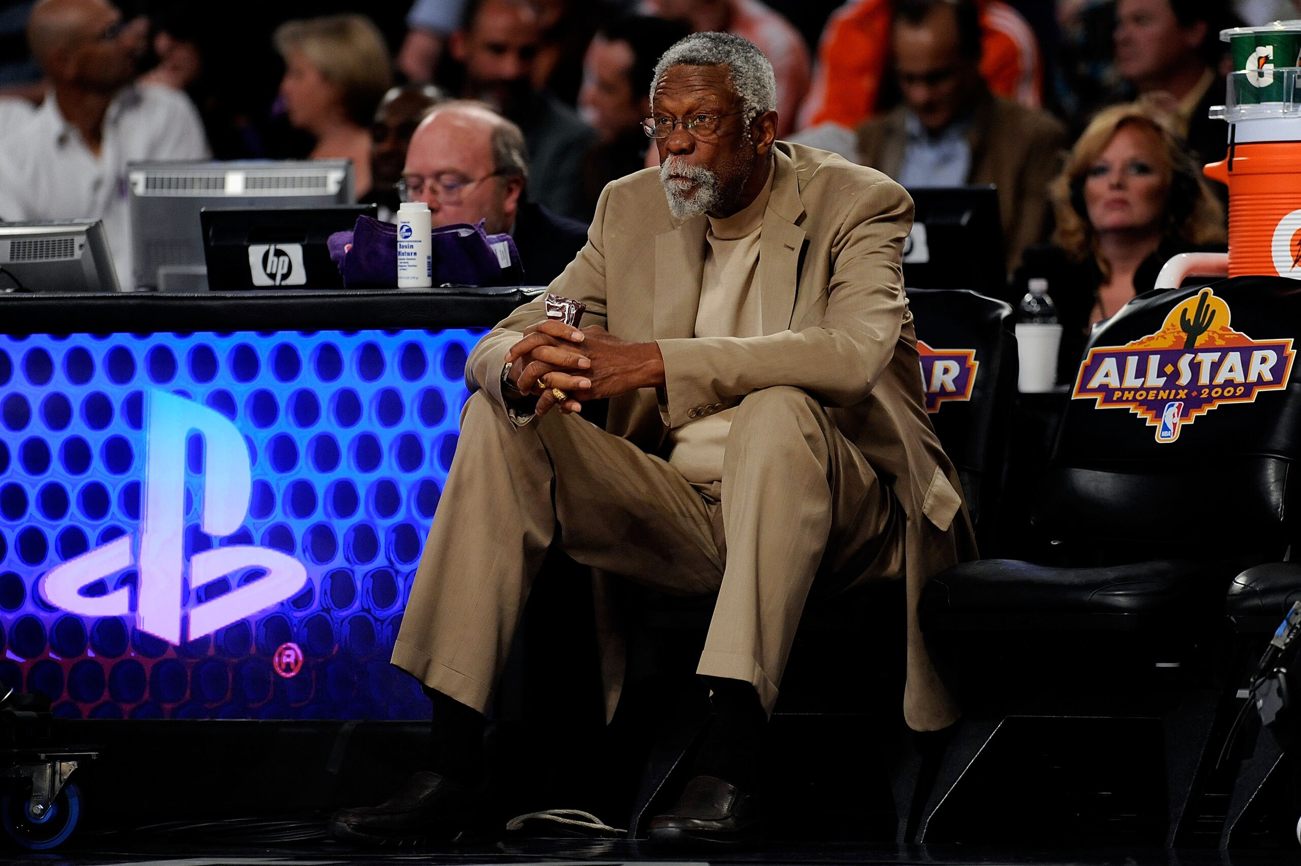 PHOENIX - FEBRUARY 14:  NBA legend Bill Russell sits courtside at NBA All-Star Saturday Night, part of 2009 NBA All-Star Weekend at US Airways Center on February 14, 2009 in Phoenix, Arizona.  NOTE TO USER: User expressly acknowledges and agrees that, by
