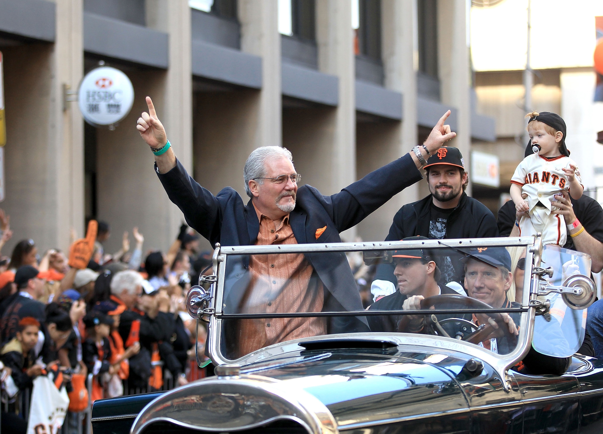 SAN FRANCISCO - NOVEMBER 03:  General Manager Brian Sabean of the San Francisco Giants waves to the crowd during the San Francisco Giants victory parade on November 3, 2010 in San Francisco, California.  (Photo by Ezra Shaw/Getty Images)