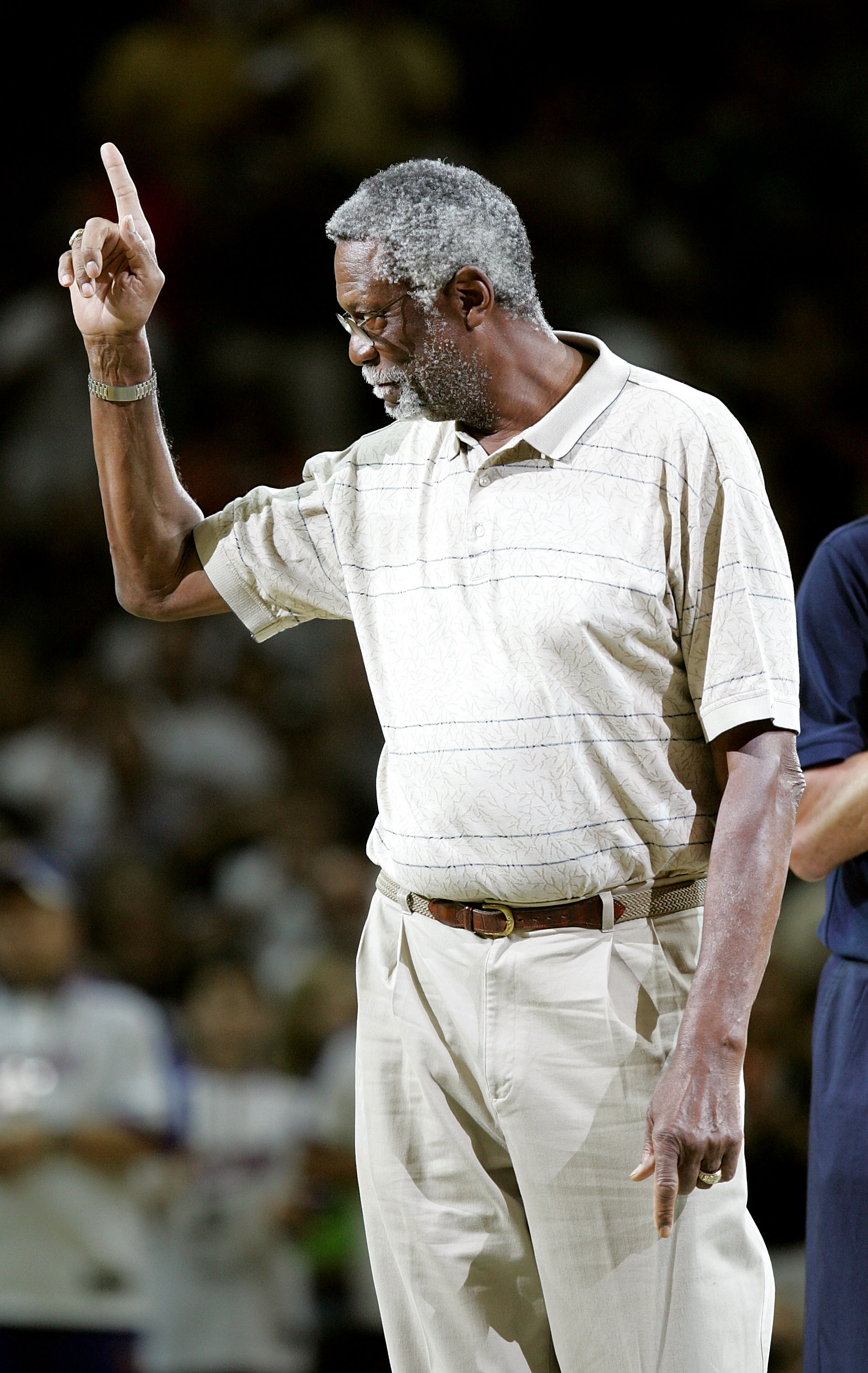 SAN ANTONIO - JUNE 12:  NBA legend Bill Russell is introduced to the crowd during the game between the San Antonio Spurs and the Detroit Pistons in Game two of the 2005 NBA Finals at SBC Center on June 12, 2005 in San Antonio, Texas.  The Spurs defeated t
